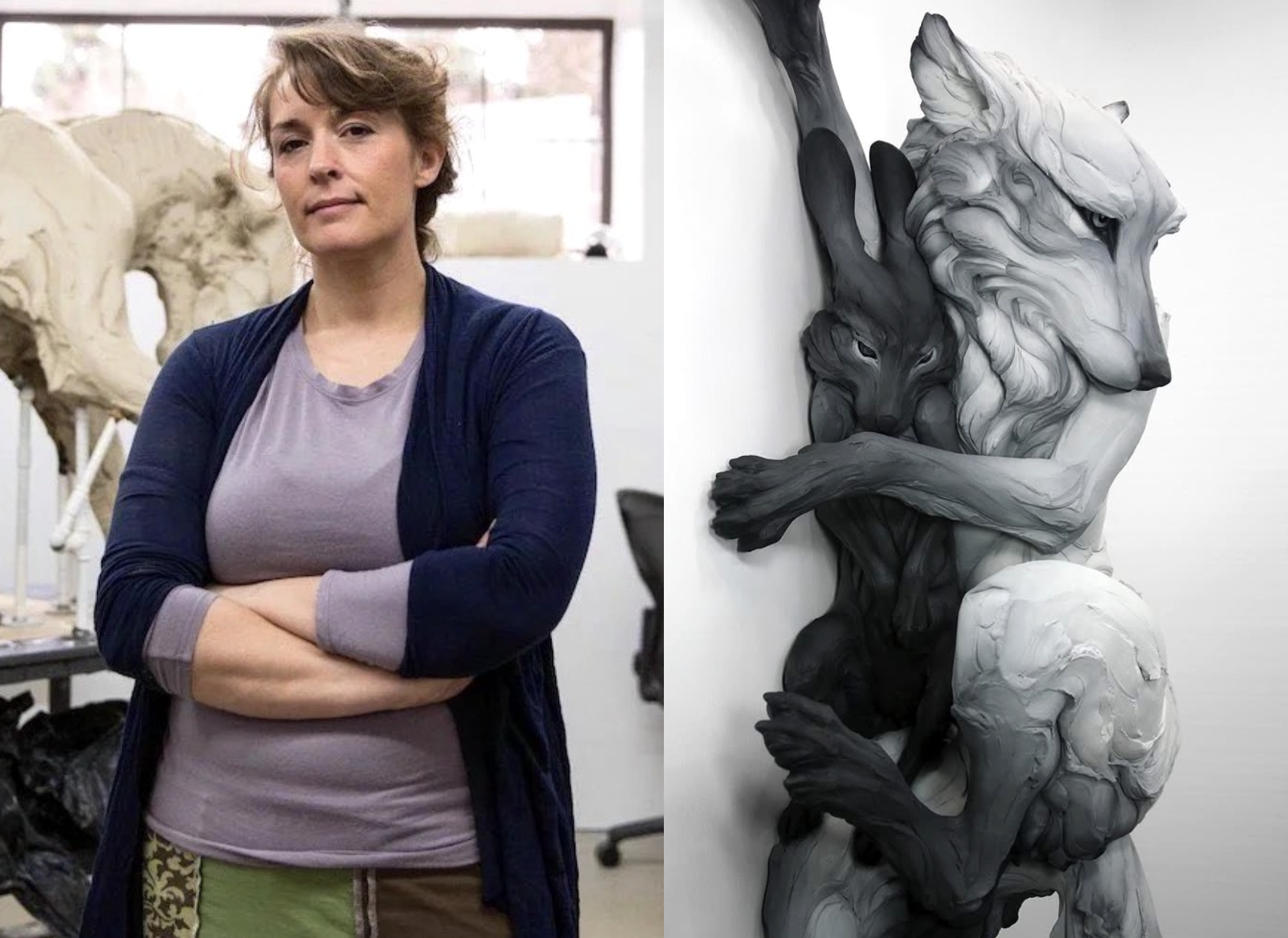 A person standing confidently in an art studio beside a detailed sculpture of a mythical creature with large ears and intricate details.