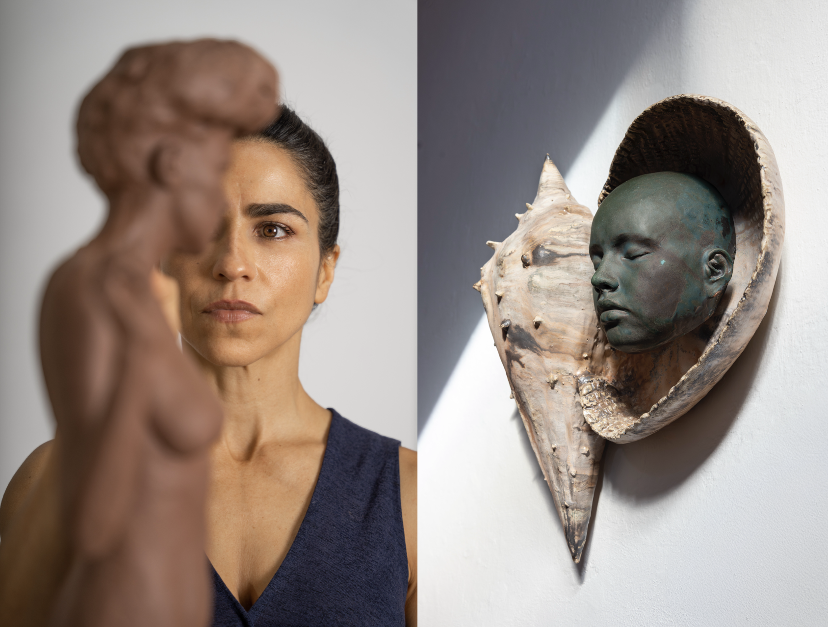 A woman smiling with dark hair in a bun and sleeveless top on the left, and a detailed, weathered statue of a person with intricate clothing and a somber expression on the right.