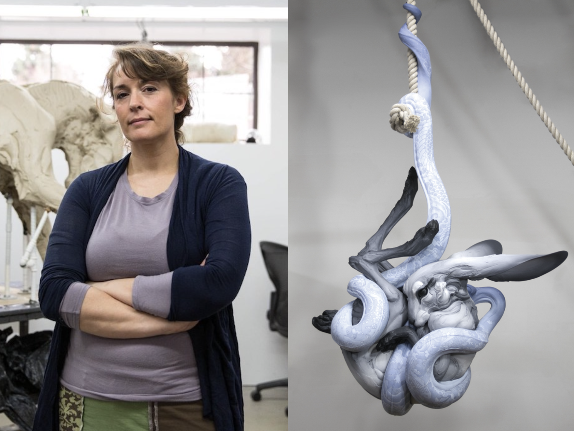 A person standing confidently in an art studio beside a detailed sculpture of a mythical creature with large ears and intricate details.
