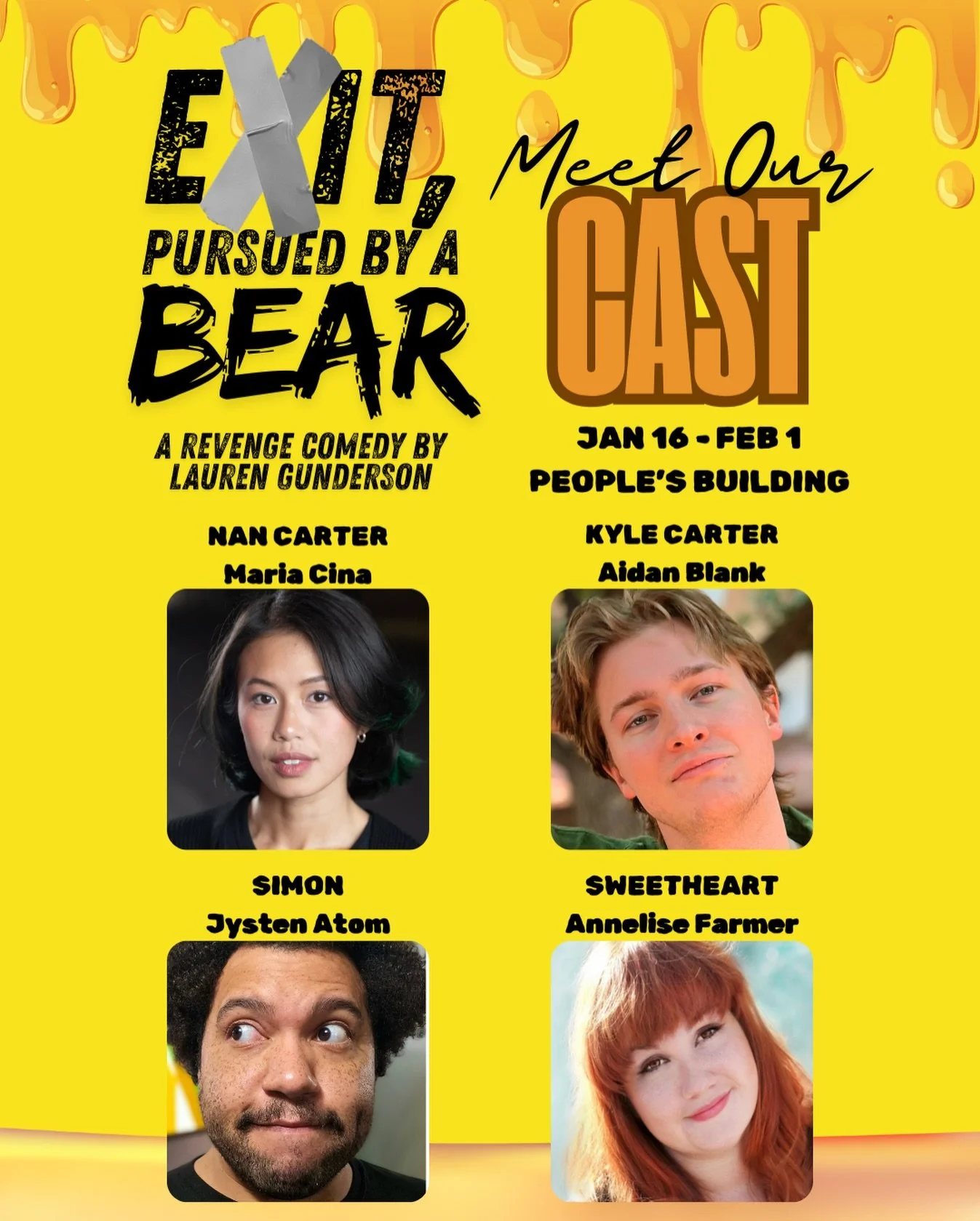 Who&rsquo;s ready for the first show of our THIRD SEASON?! We are!

Rehearsals are already underway for Exit Pursued by a Bear, a revenge comedy by Lauren Gunderson. 

Our cast Maria Cina @mariashe_ - Aidan Blank @aidan_blank - Jysten Atom @jystenato