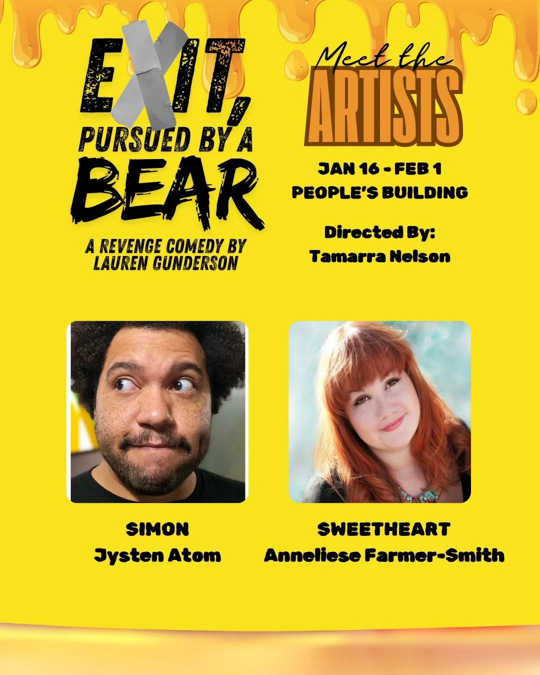 Let&rsquo;s learn a little bit more about the cast and team of Exit, Pursued by a Bear! Swipe to read bios from our other two cast members, and follow along to learn about the production side of the team &mdash;>

Alt Text: The Title &ldquo;Exit, 