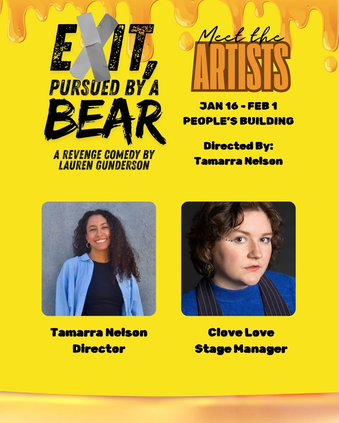 Now let&rsquo;s hear about the production and design team of Exit, Pursued by a Bear! Swipe to read bios from our director and stage manager, and follow along to learn about the rest of the team &mdash;>

Alt Text: The Title &ldquo;Exit, Pursued b