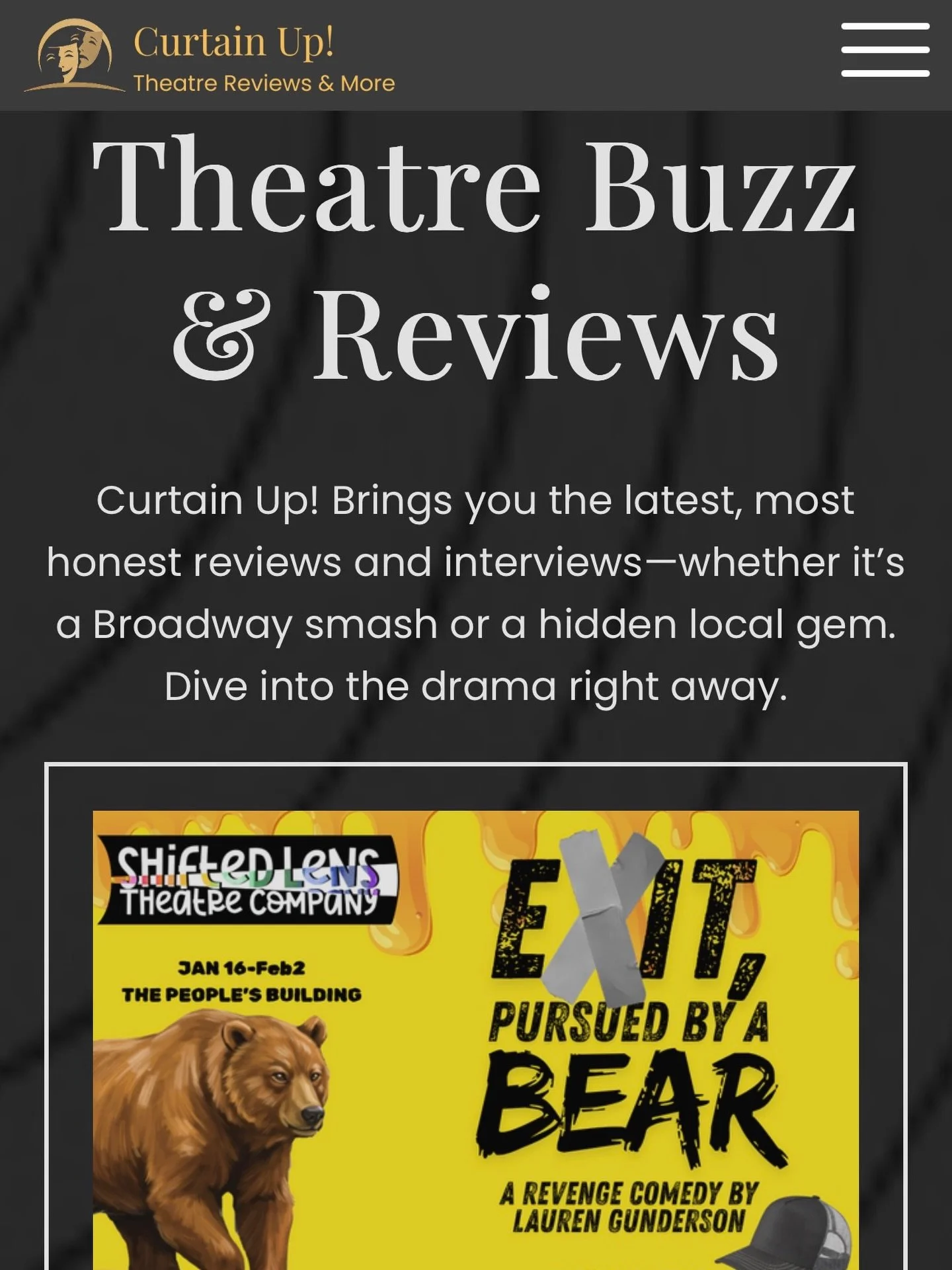 Thanks so much to @curtainupcolorado for coming to see our show and publishing this lovely review! 

You have 2 more chances to catch &ldquo;Exit, Pursued by a Bear&rdquo; at @peoplesbuilding THIS weekend