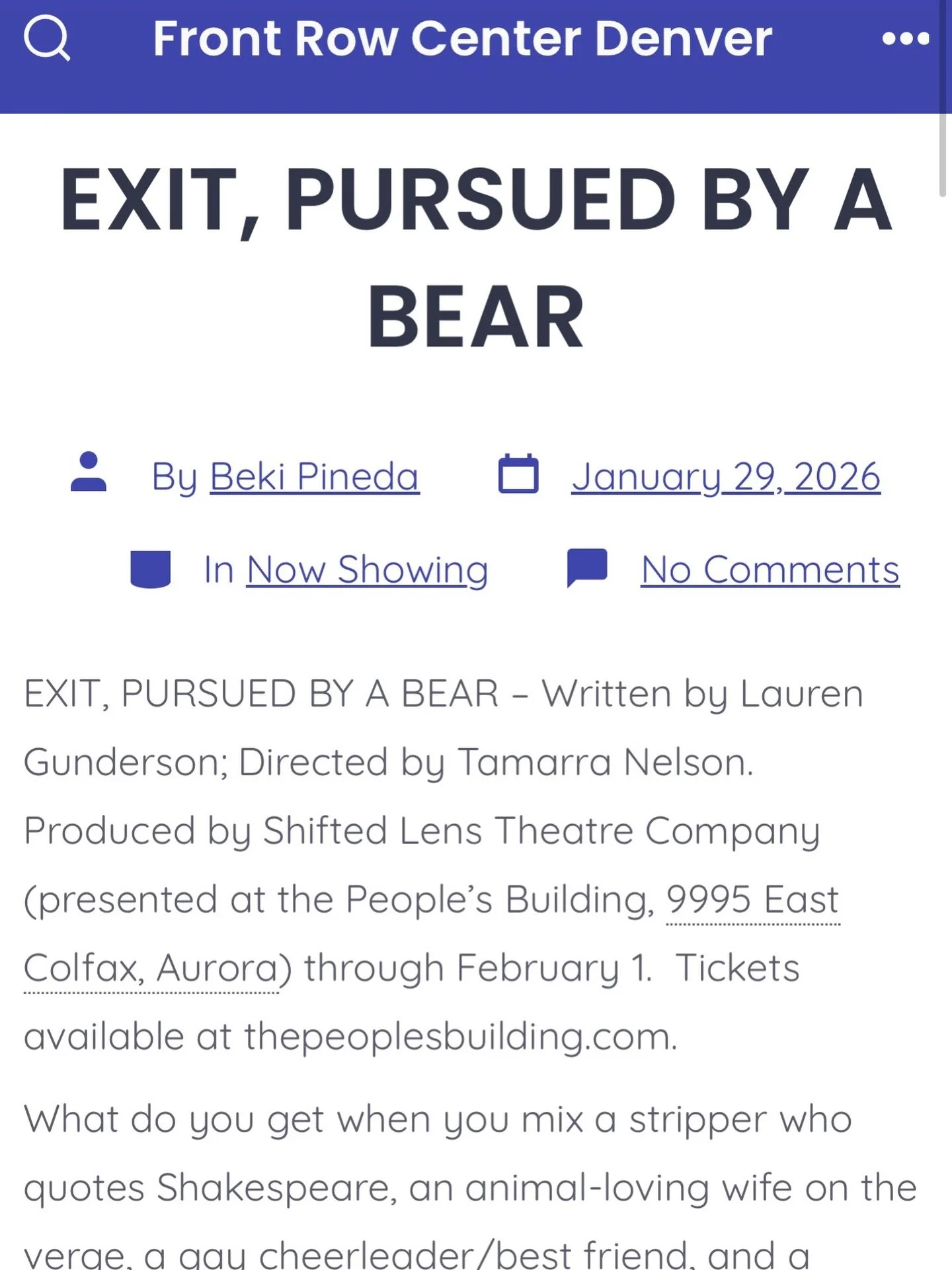 Thank you so much to Becky Pineda of Front Row Center for this lovely review of our production of &ldquo;Exit, Pursued by a Bear&rdquo; by Lauren Gunderson. 

Some excerpts:
&ldquo;&hellip;this witty and thoughtful dramady now playing at the People&r