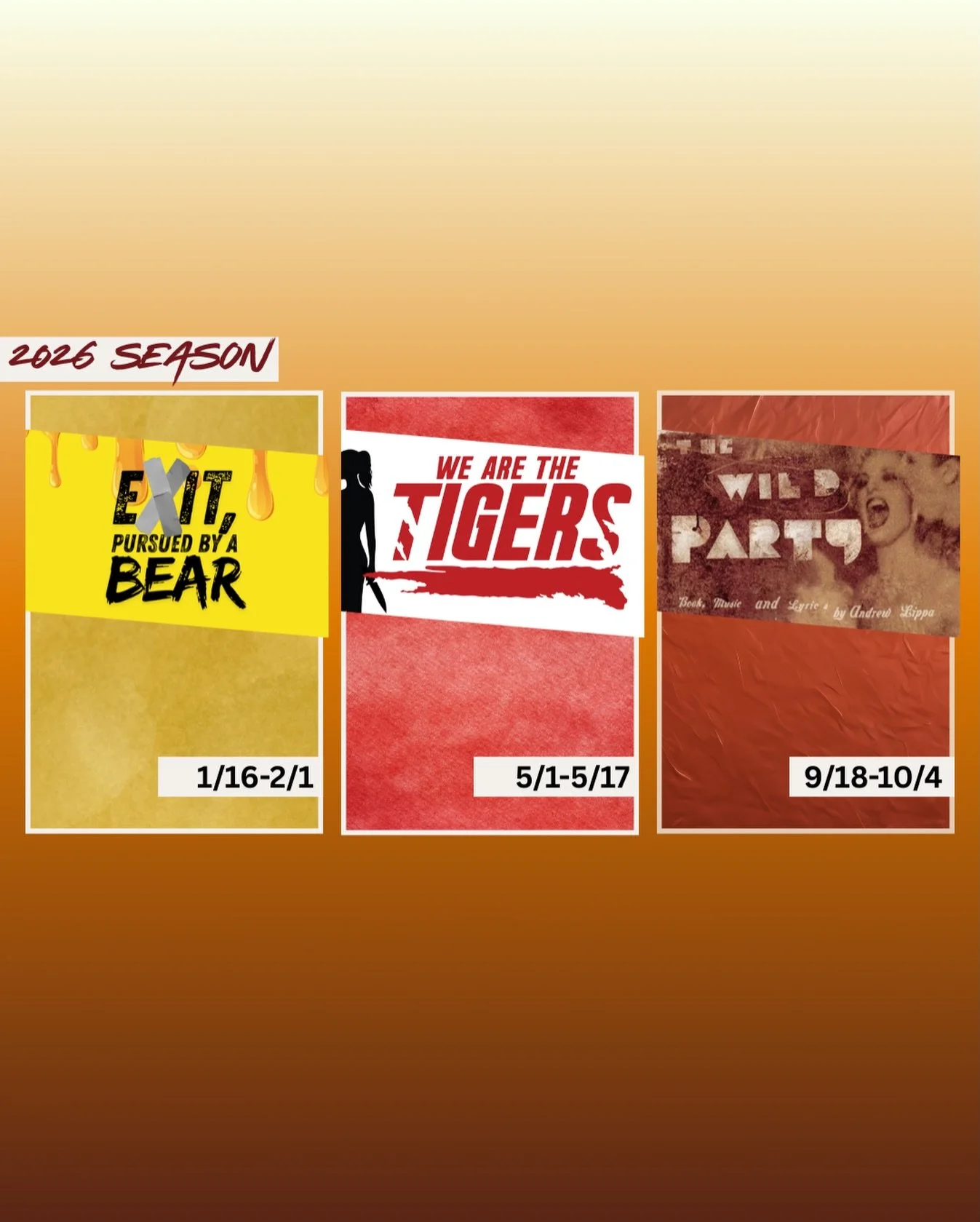 SEASON CHANGE ANNOUNCEMENT!
Due to some staff scheduling, and in an effort to build more relationships in our theatre community &mdash; We&rsquo;re switching up our season! 

We will be moving our final show, Spring Awakening, to our 2027 season, and