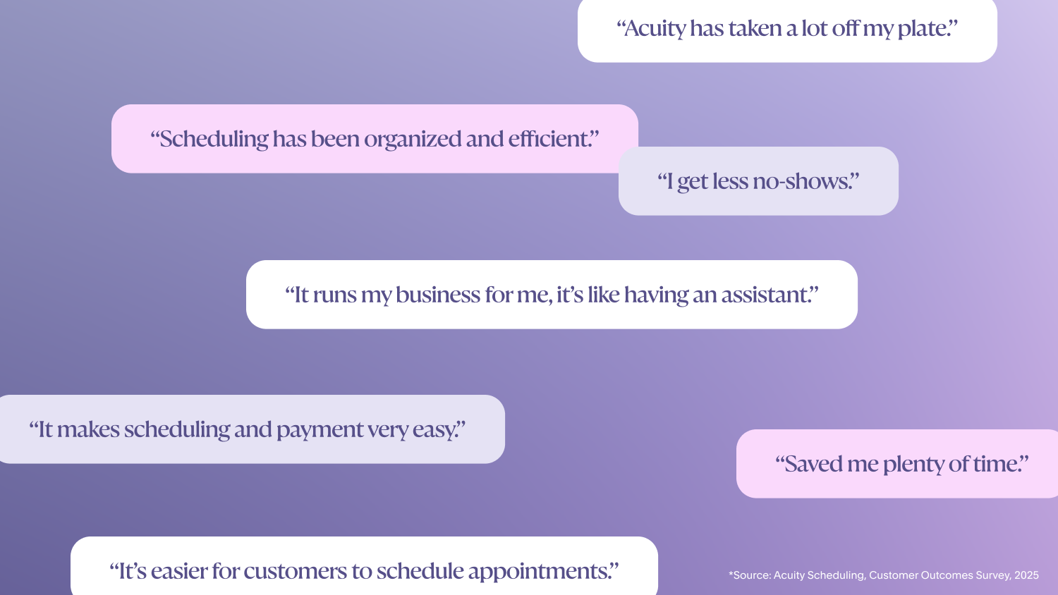 Collage of customer quotes highlighting how Acuity saves time, reduces no-shows, and makes managing appointments and payments easier