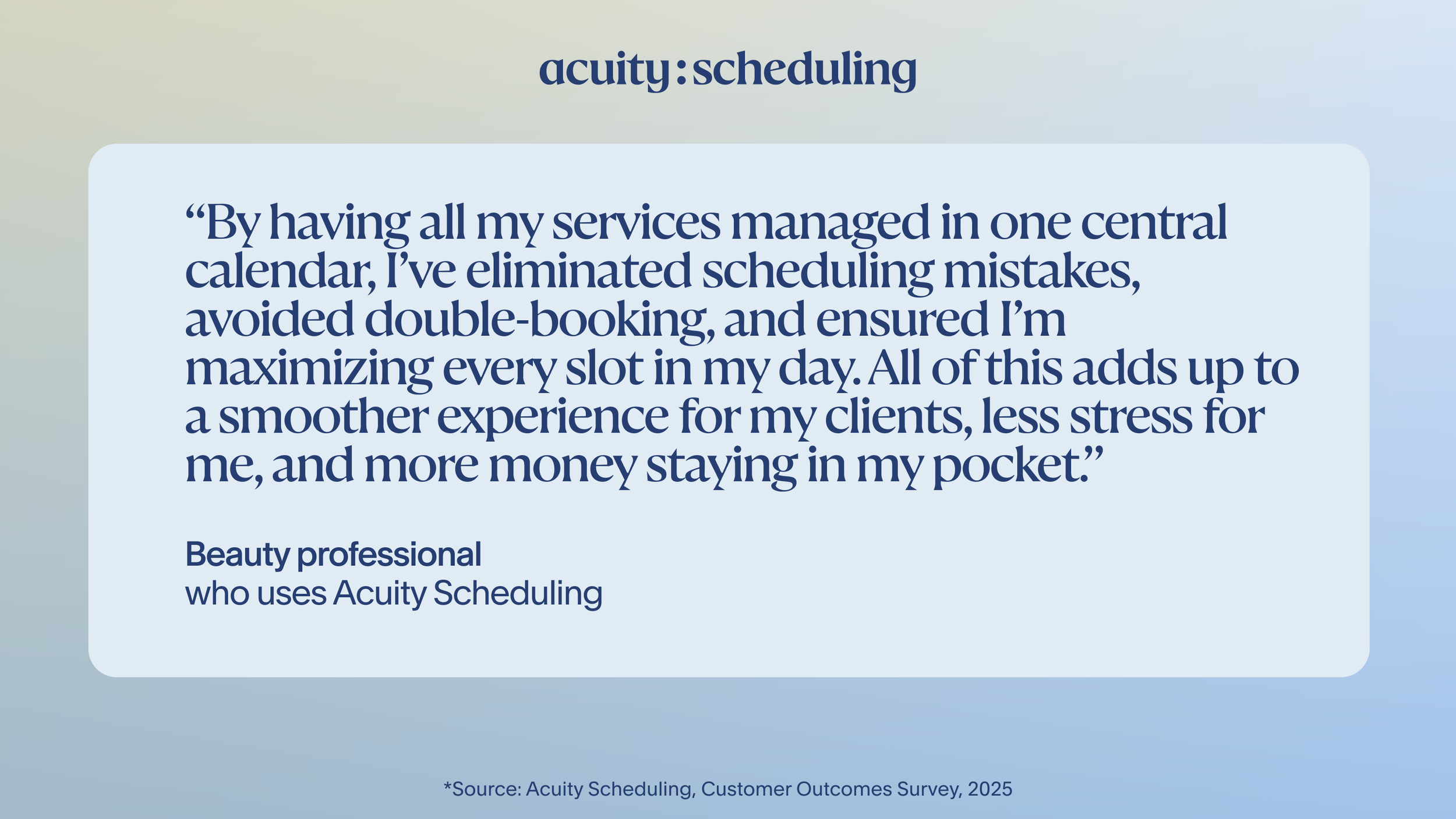 Beauty professional reports that managing all services in one calendar with Acuity reduces errors, prevents double-booking, improves client experience, lowers stress, and increases revenue
