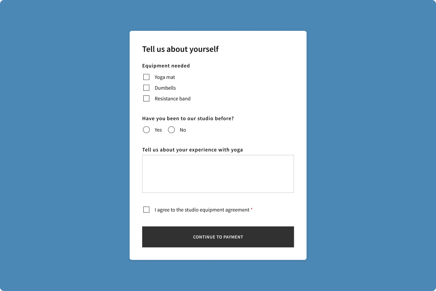 Client intake form for fitness studio