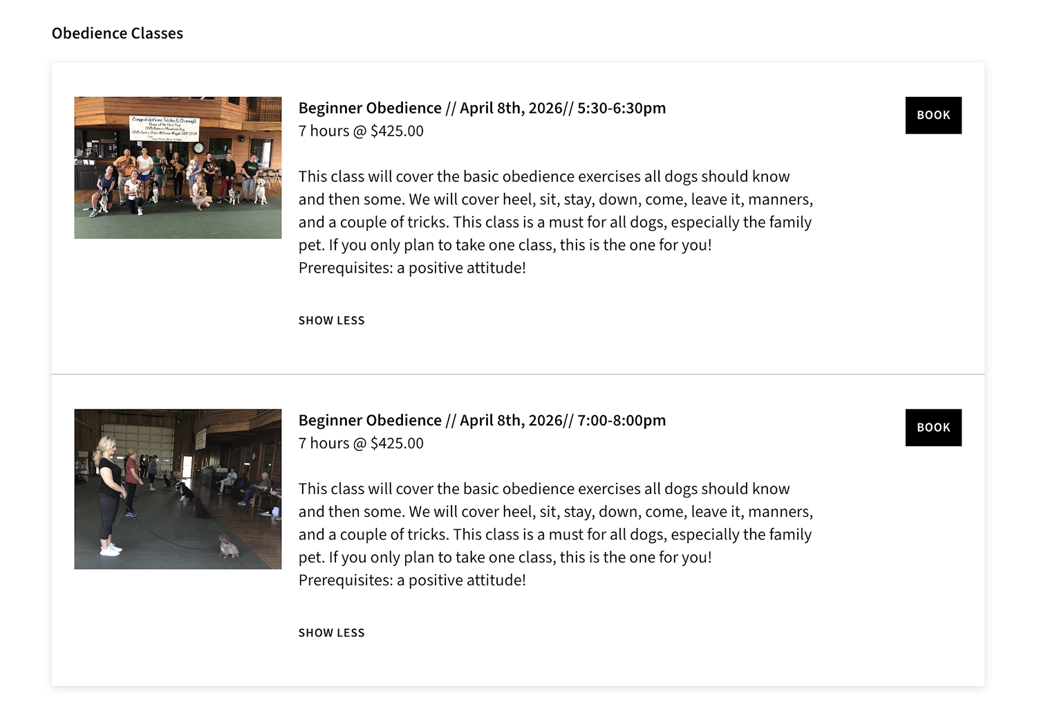 Online booking page for dog training classes