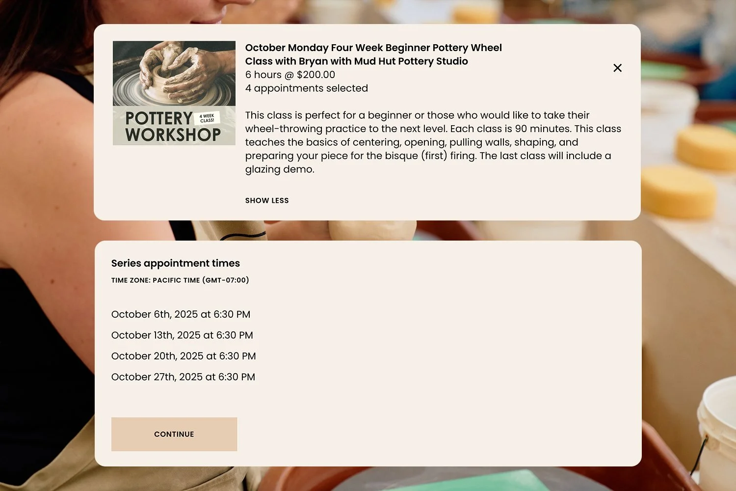 Online booking page for pottery workshop