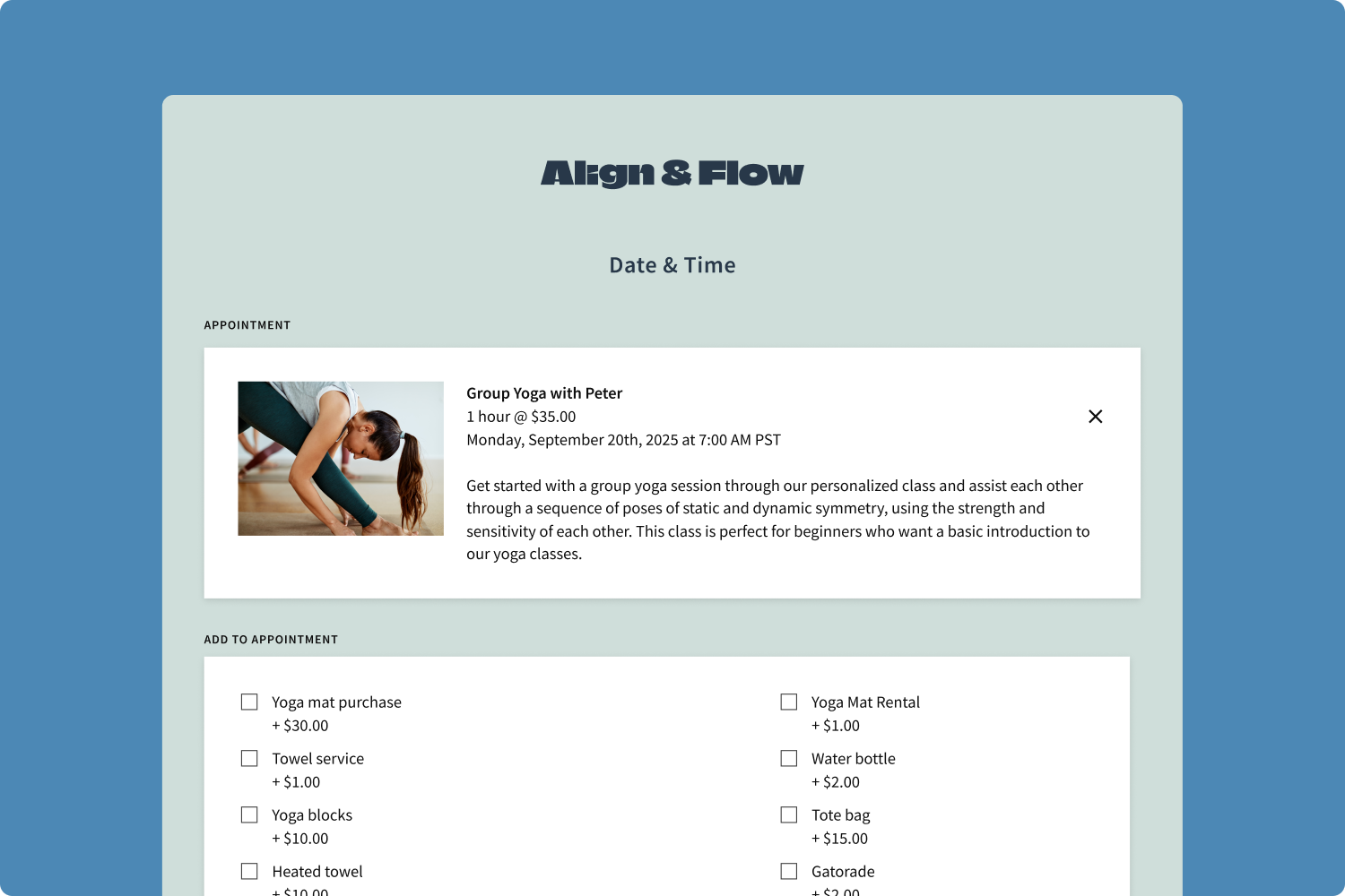 Group yoga class booking page with add-ons