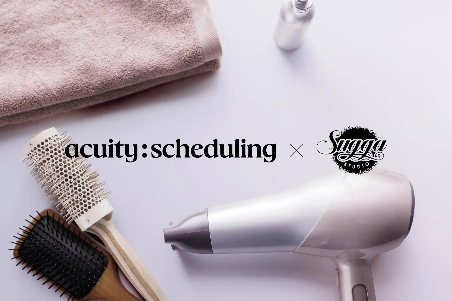 Acuity Scheduling and Sugga Studio brand logos with hair salon tools in the background