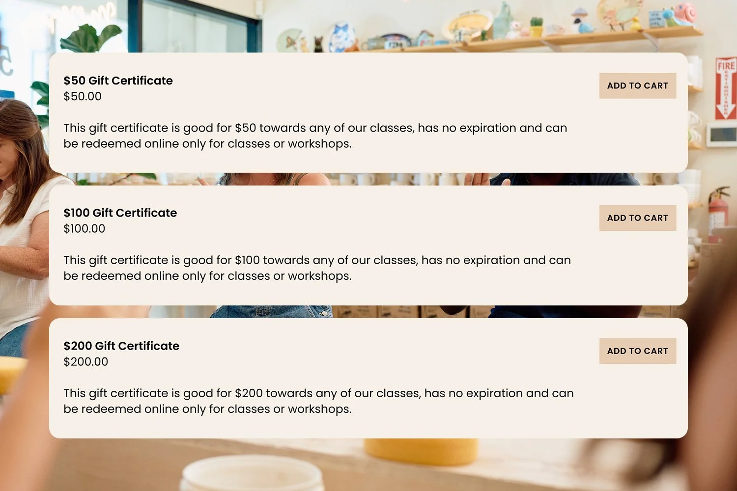 Digital gift certificates for pottery classes
