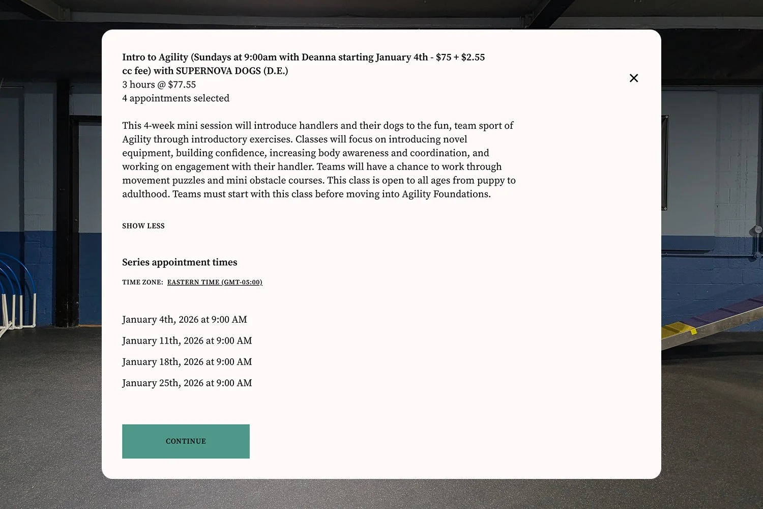 Dog agility class registration page