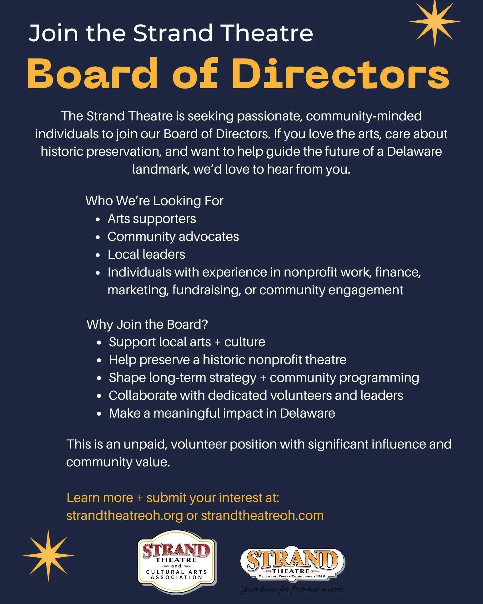 The Strand Theatre is recruiting for its Board of Directors.
If you&rsquo;re passionate about community, arts, and historic preservation, we&rsquo;d love to hear from you.
