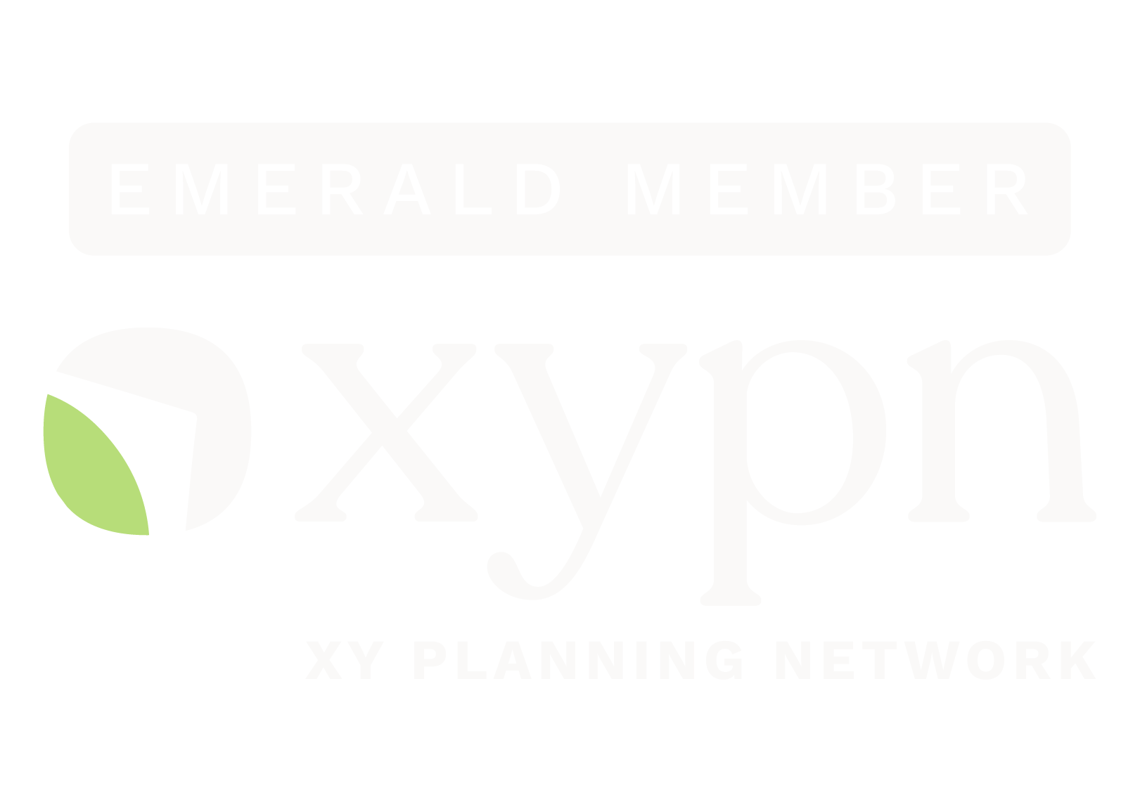 Logo for XY Planning Network featuring a black and white color scheme, a circular design with green and black segments, and text indicating Emerald Member status.