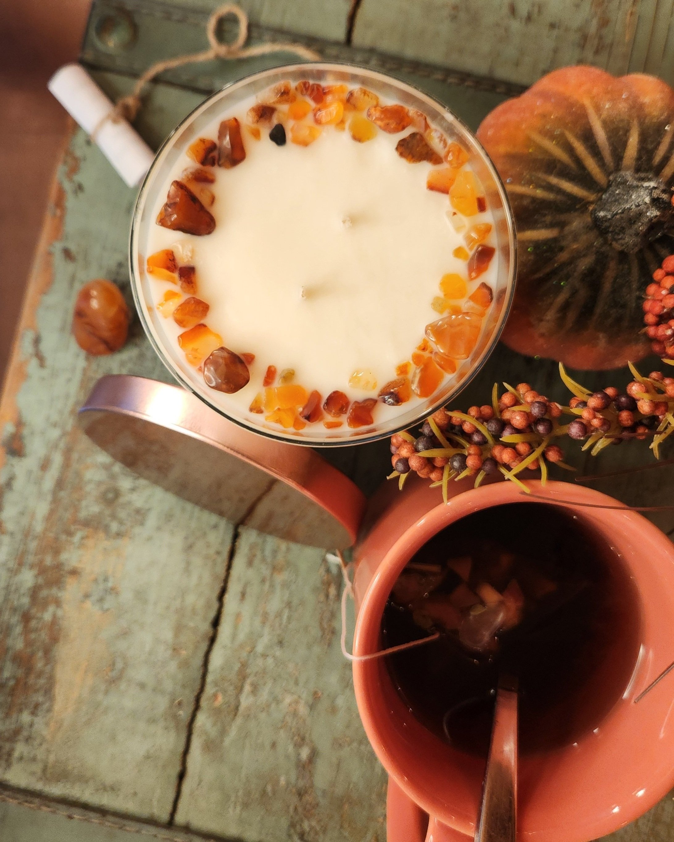 pumpkin chai clean burning ecofriendly nontoxic Healing Light Soy Candles gemstones positive quote aromatherapy scrolls