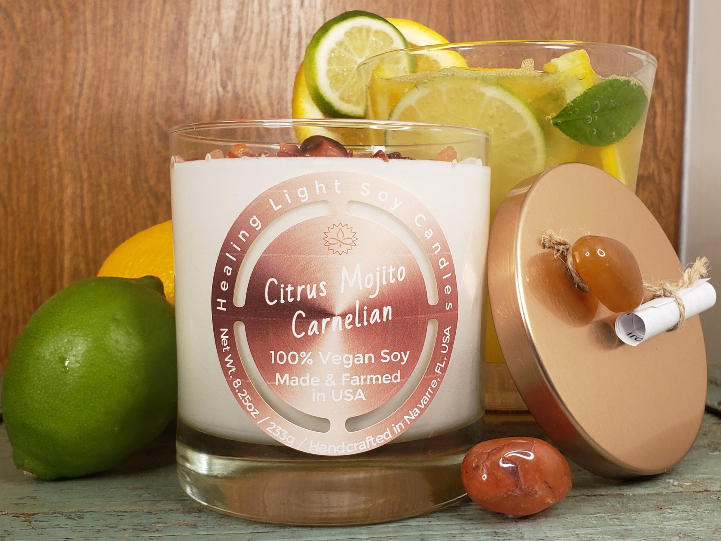 Citrus Mojito Carnelian Soy Candle Made and Farmed in USA non-toxic