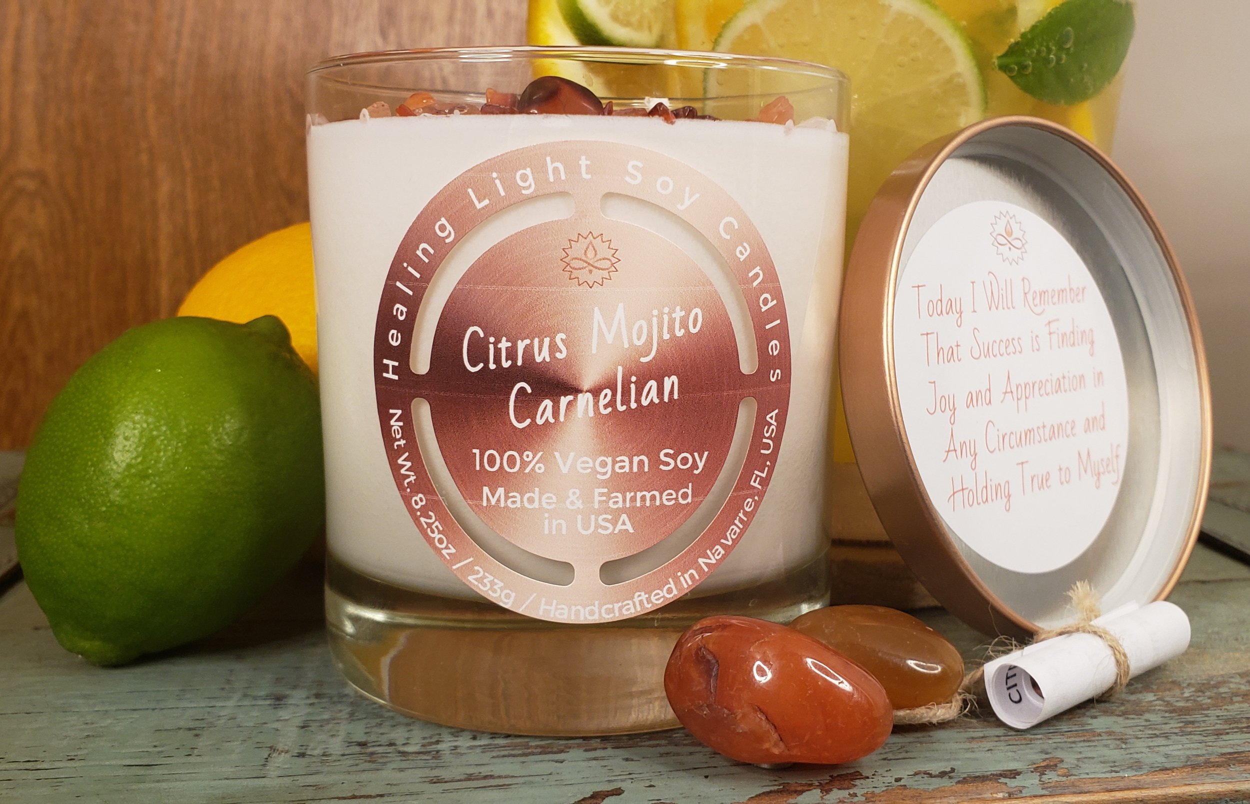 Citrus Mojito Carnelian Soy Candle Made and Farmed in USA non-toxic