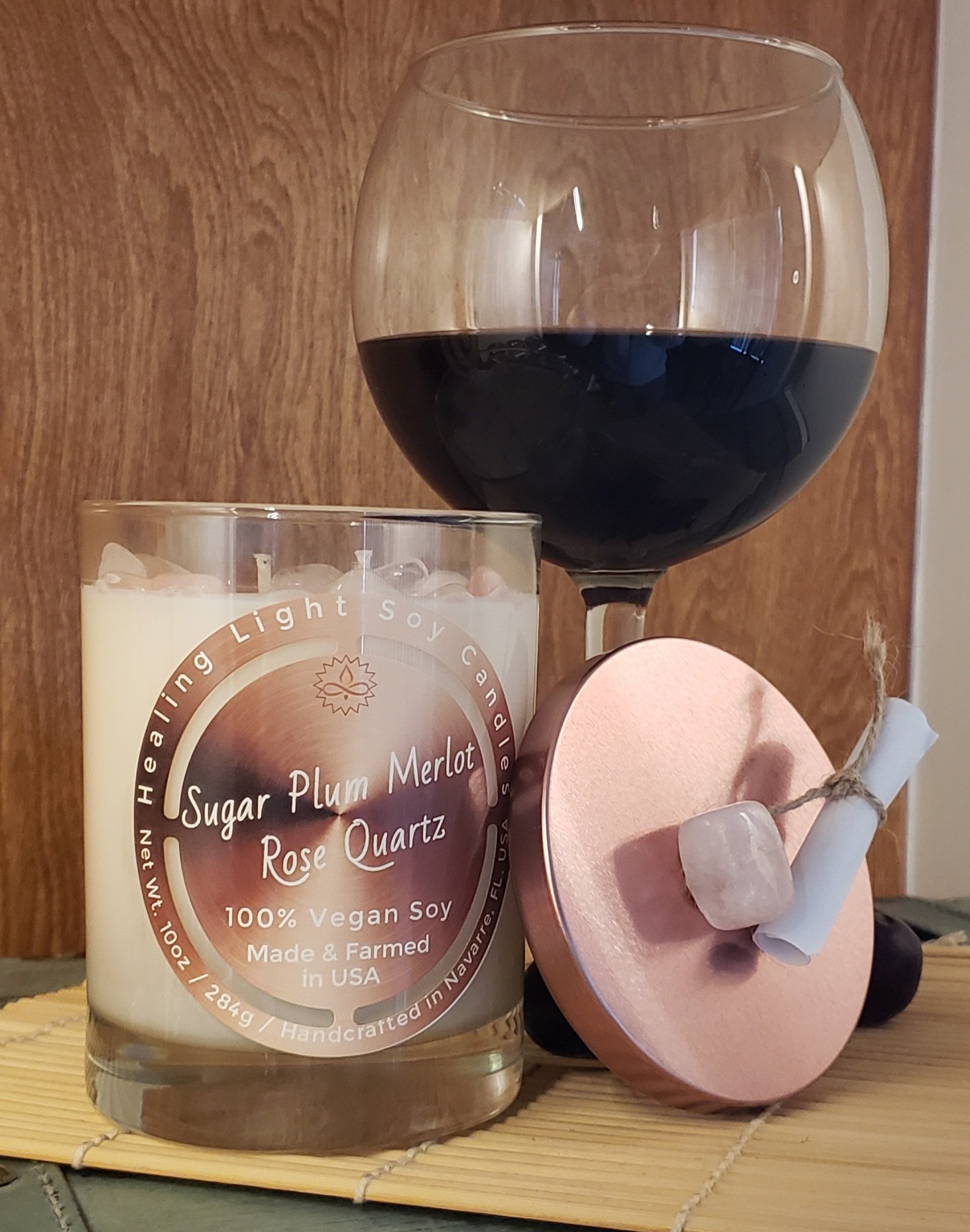 Sugar Plum Merlot Rose Quartz Soy Candle Made and Farmed in USA non-toxic