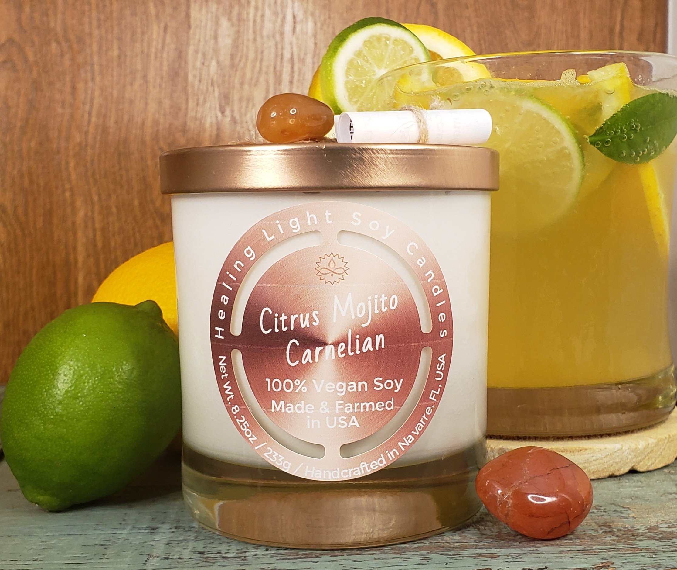 Citrus Mojito Carnelian Soy Candle Made and Farmed in USA non-toxic