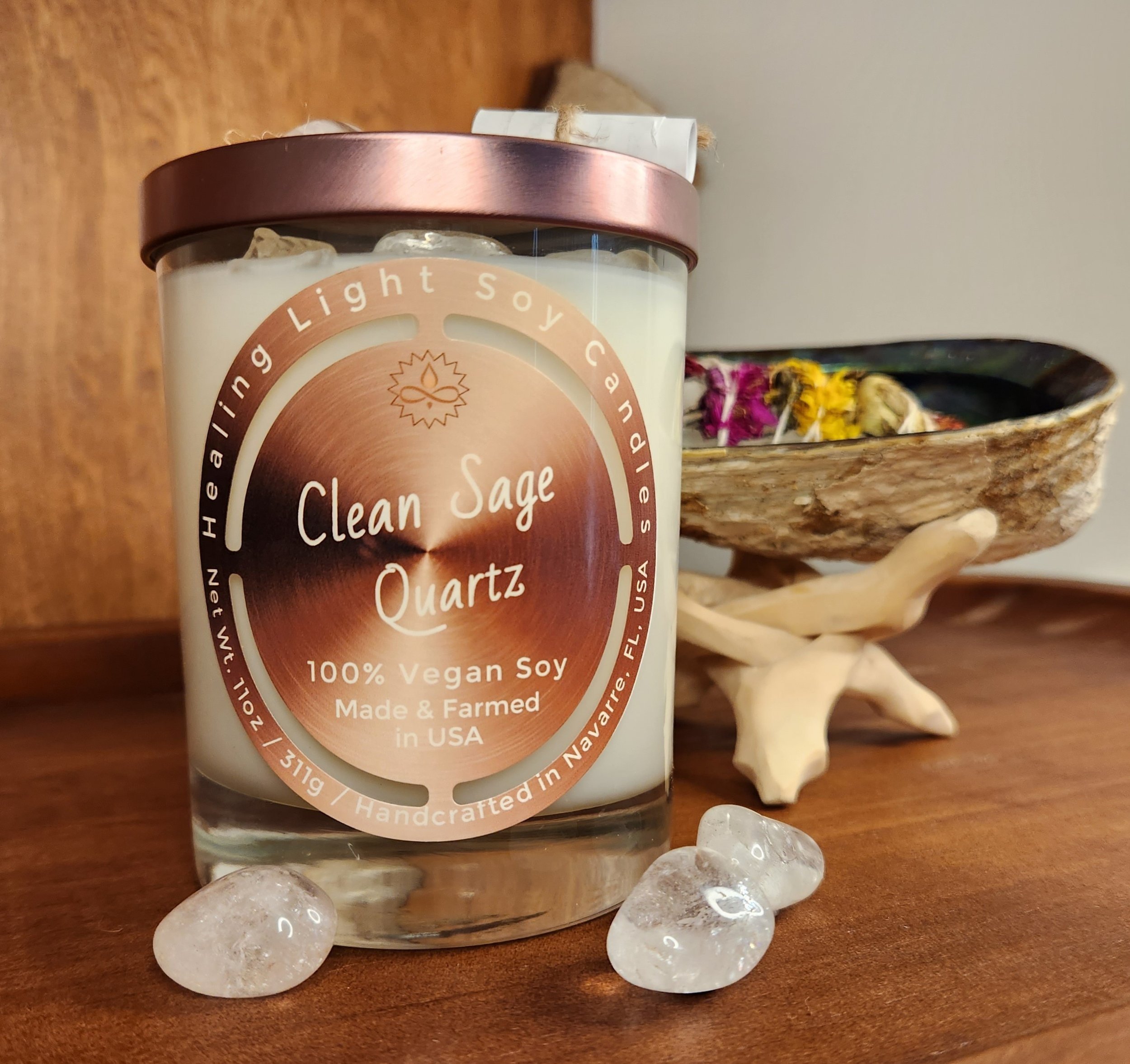 Clean Sage Quartz Soy Candle Made and Farmed in USA non-toxic