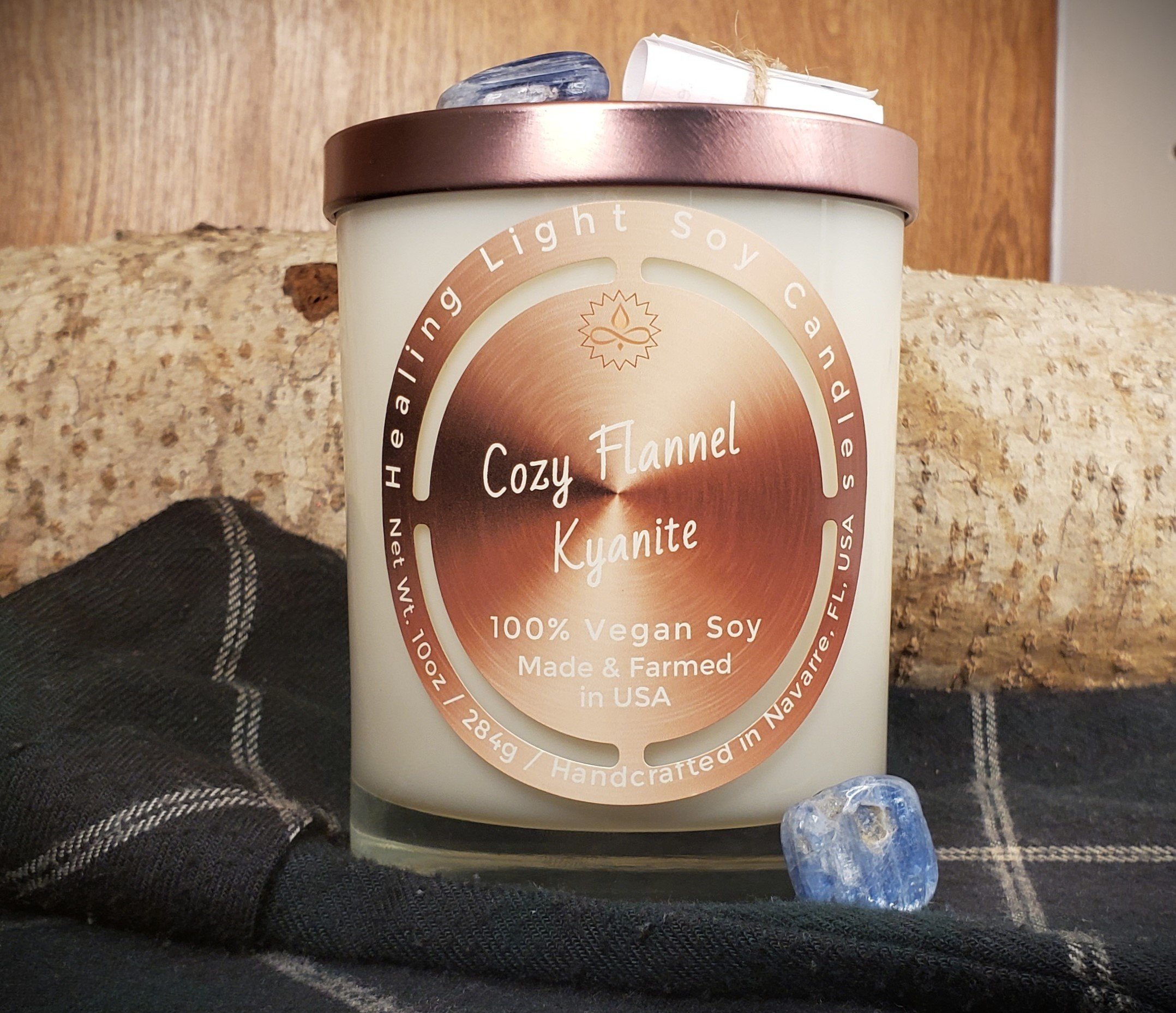 Cozy Flannel Kyanite Soy Candle Made and Farmed in USA non-toxic