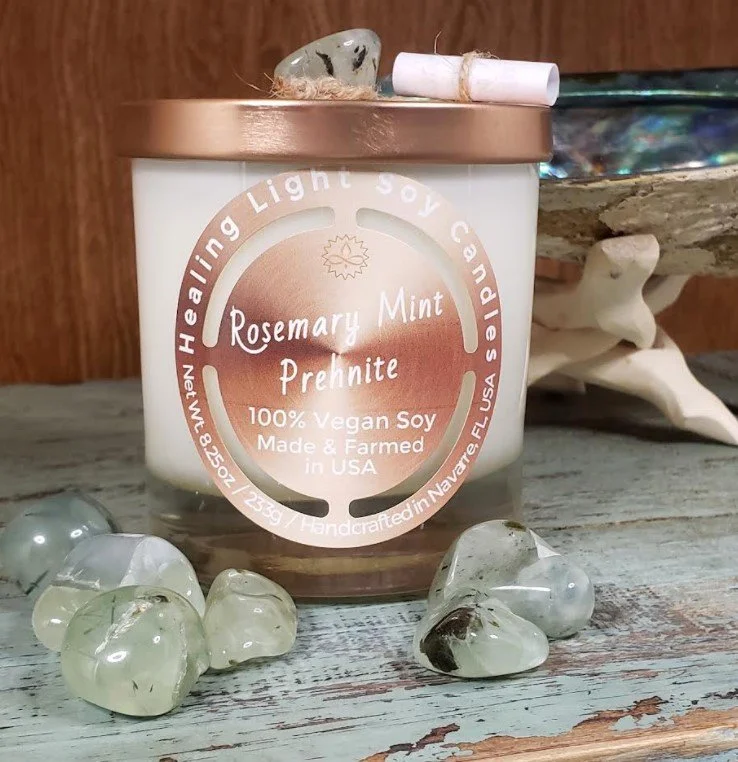 Rosemary Mint Prehnite Soy Candle Made and Farmed in USA non-toxic