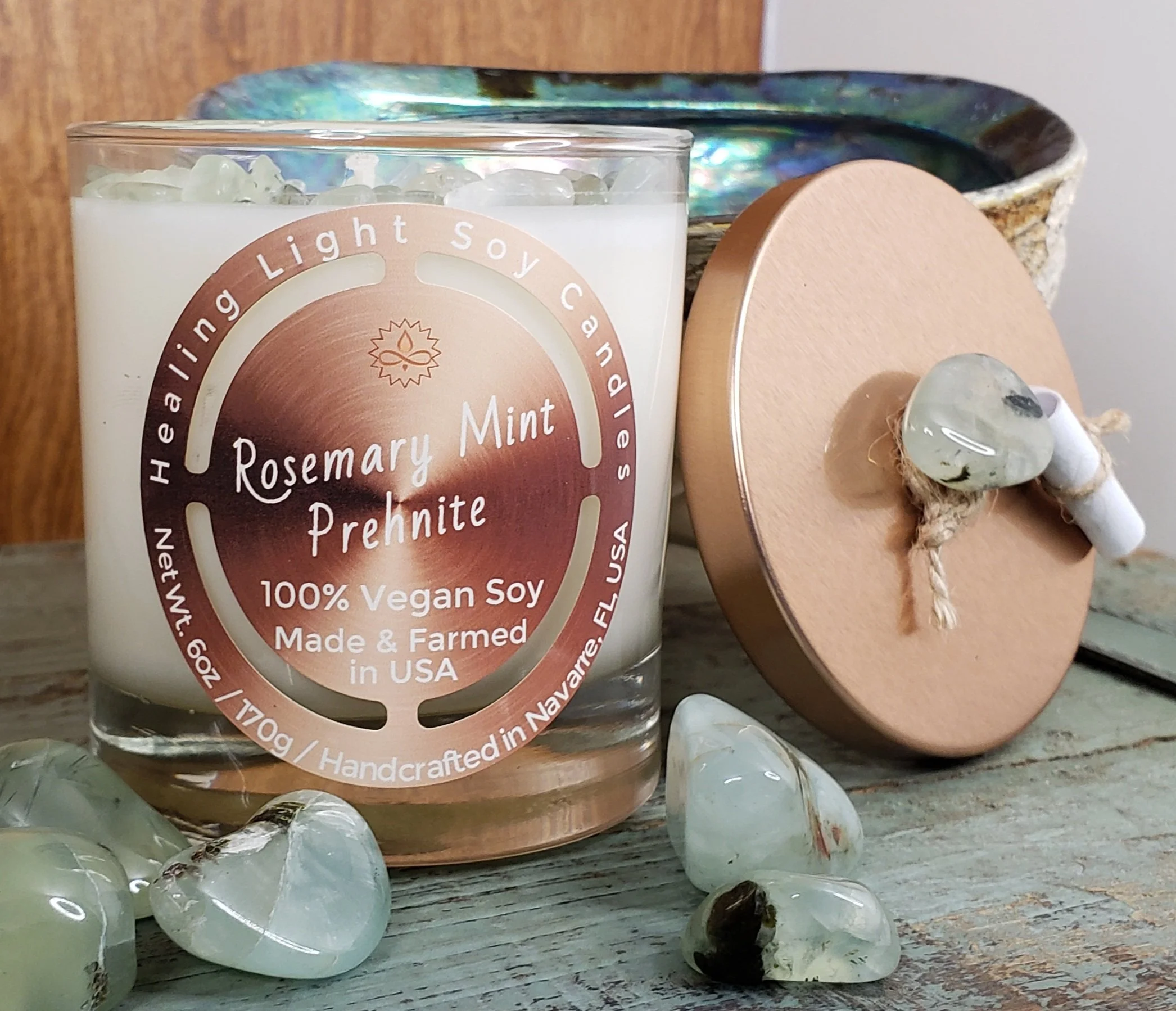 Rosemary Mint Prehnite Soy Candle Made and Farmed in USA non-toxic