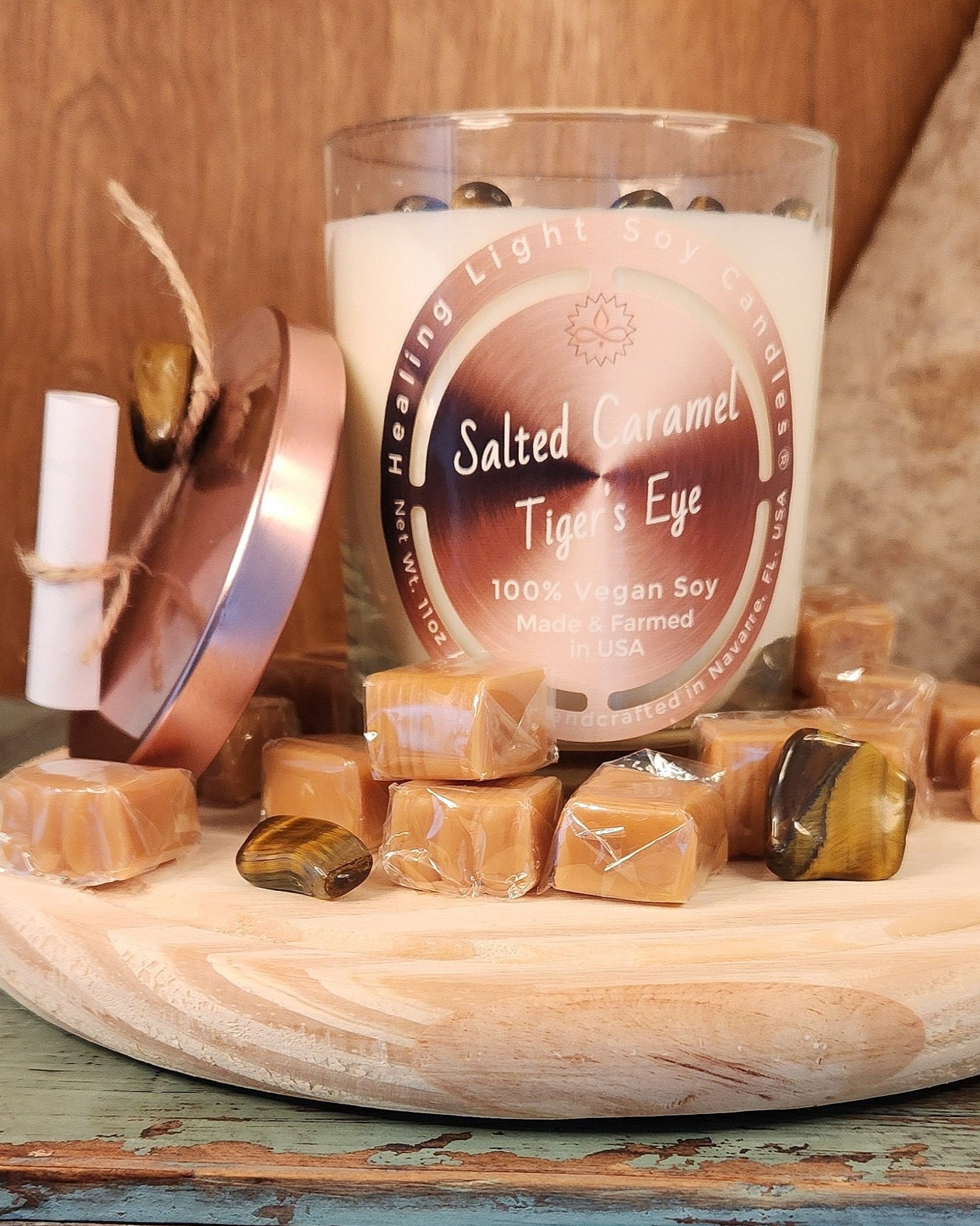 Salted Caramel Tiger's Eye Soy Candle, Made and Farmed in USA