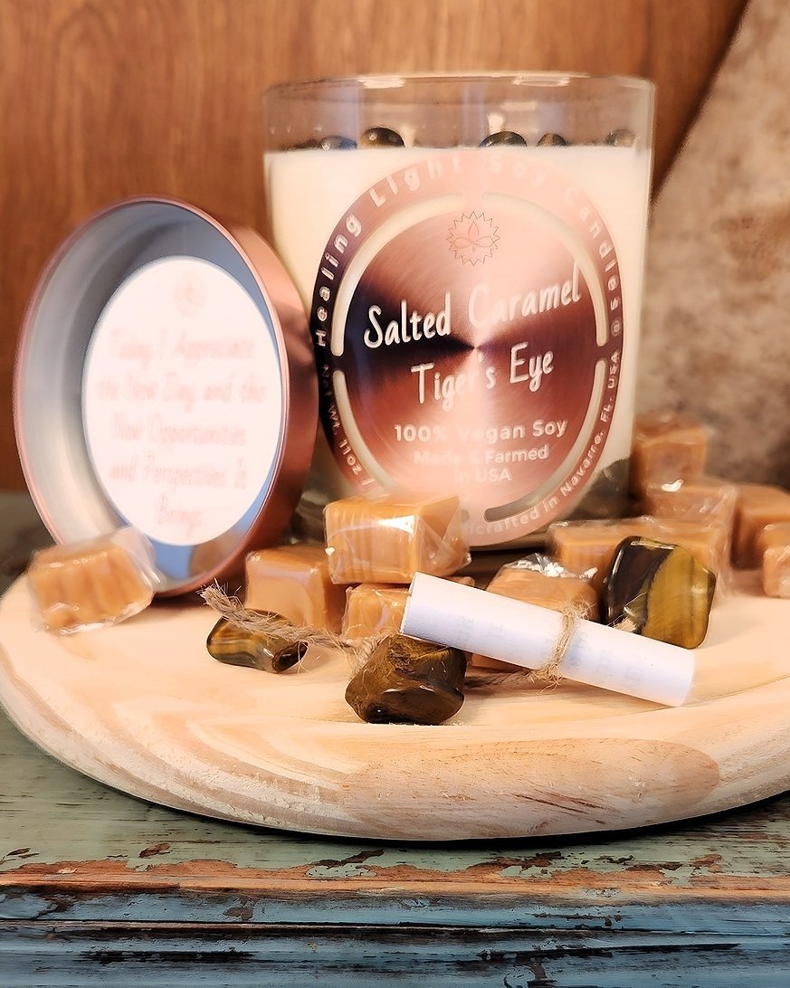 Salted Caramel Tiger's Eye Soy Candle, Made and Farmed in USA