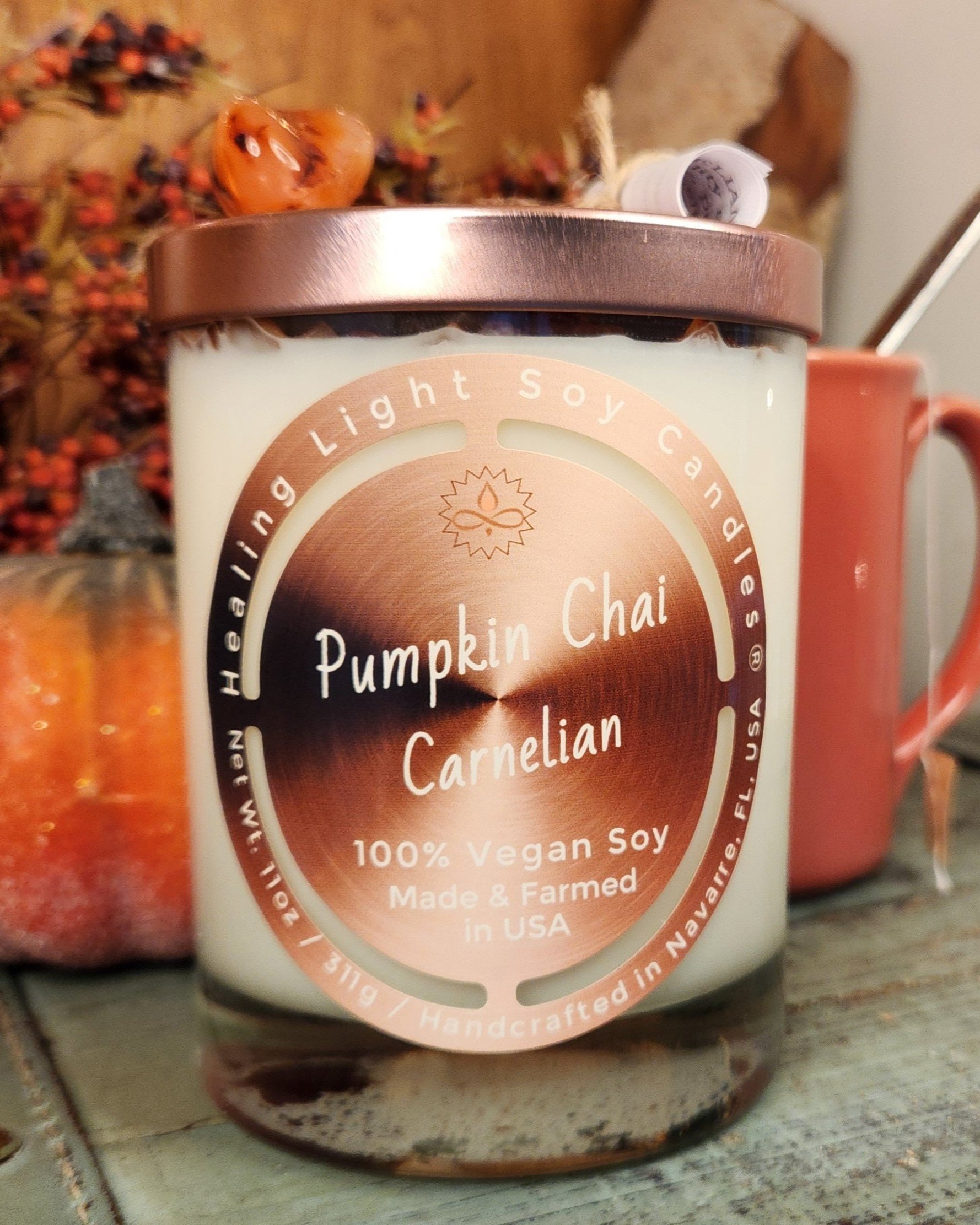 pumpkin chai clean burning ecofriendly nontoxic Healing Light Soy Candles gemstones positive quote aromatherapy scrolls