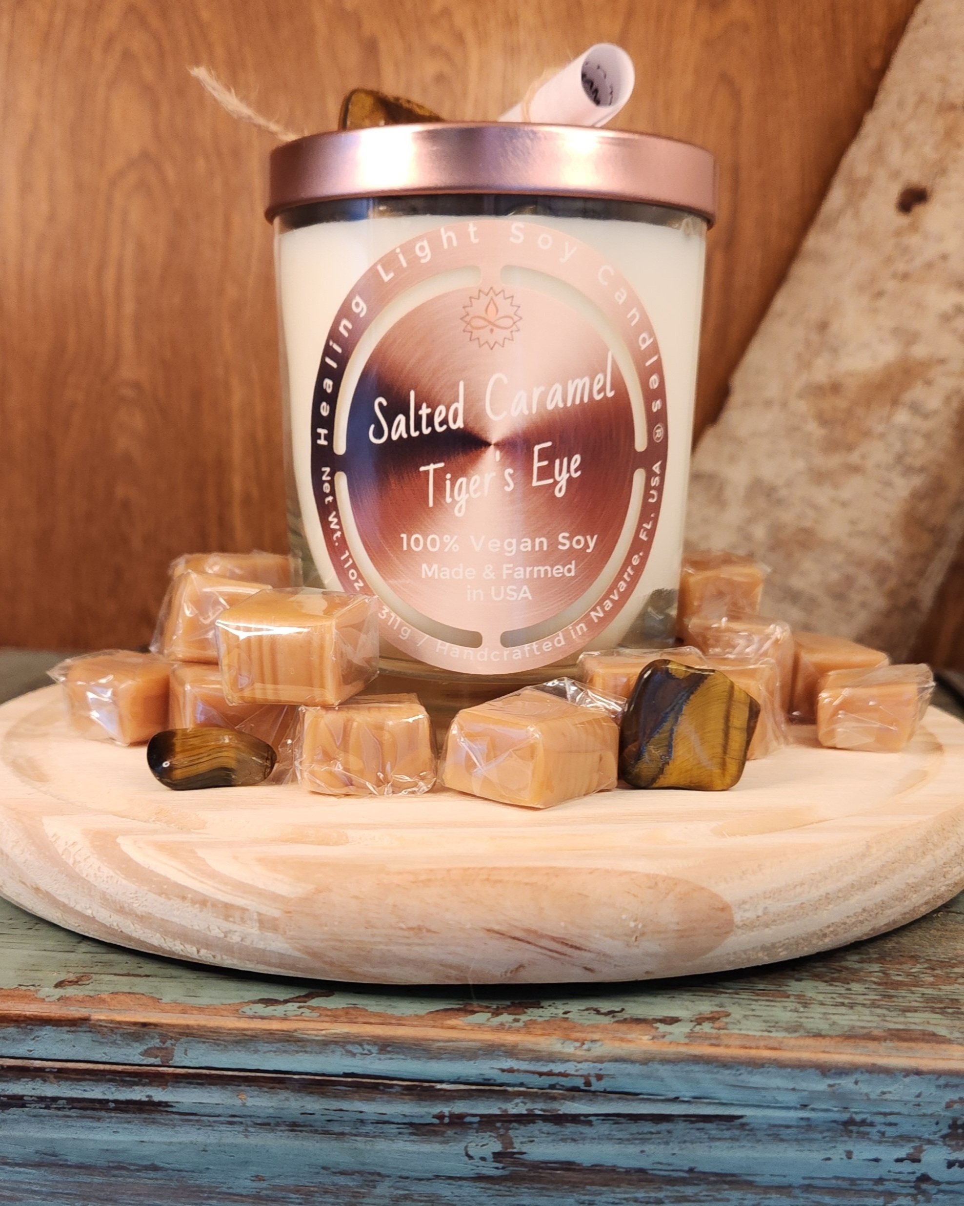 Salted Caramel Tiger's Eye Soy Candle, Made and Farmed in USA