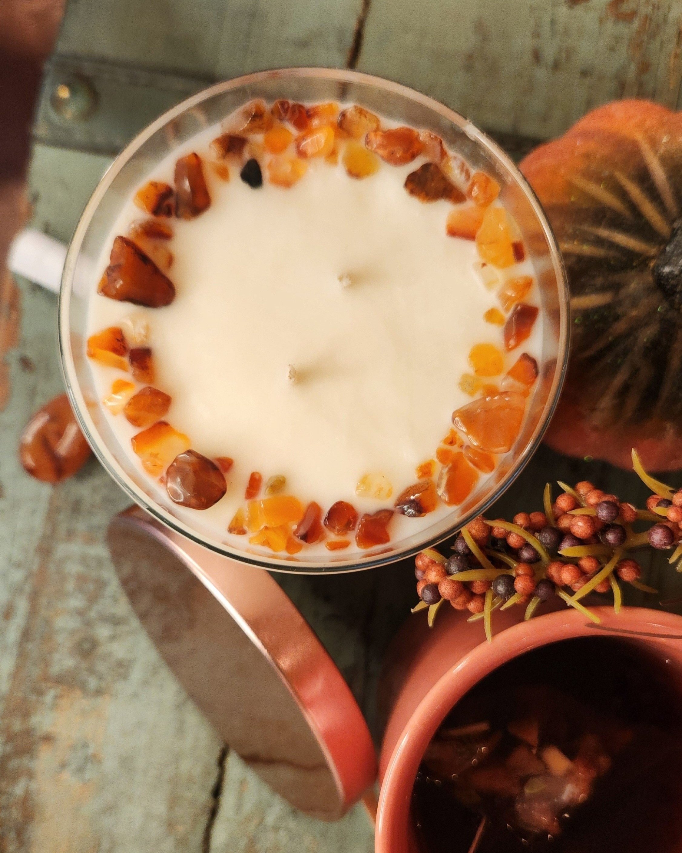 pumpkin chai clean burning ecofriendly nontoxic Healing Light Soy Candles gemstones positive quote aromatherapy scrolls