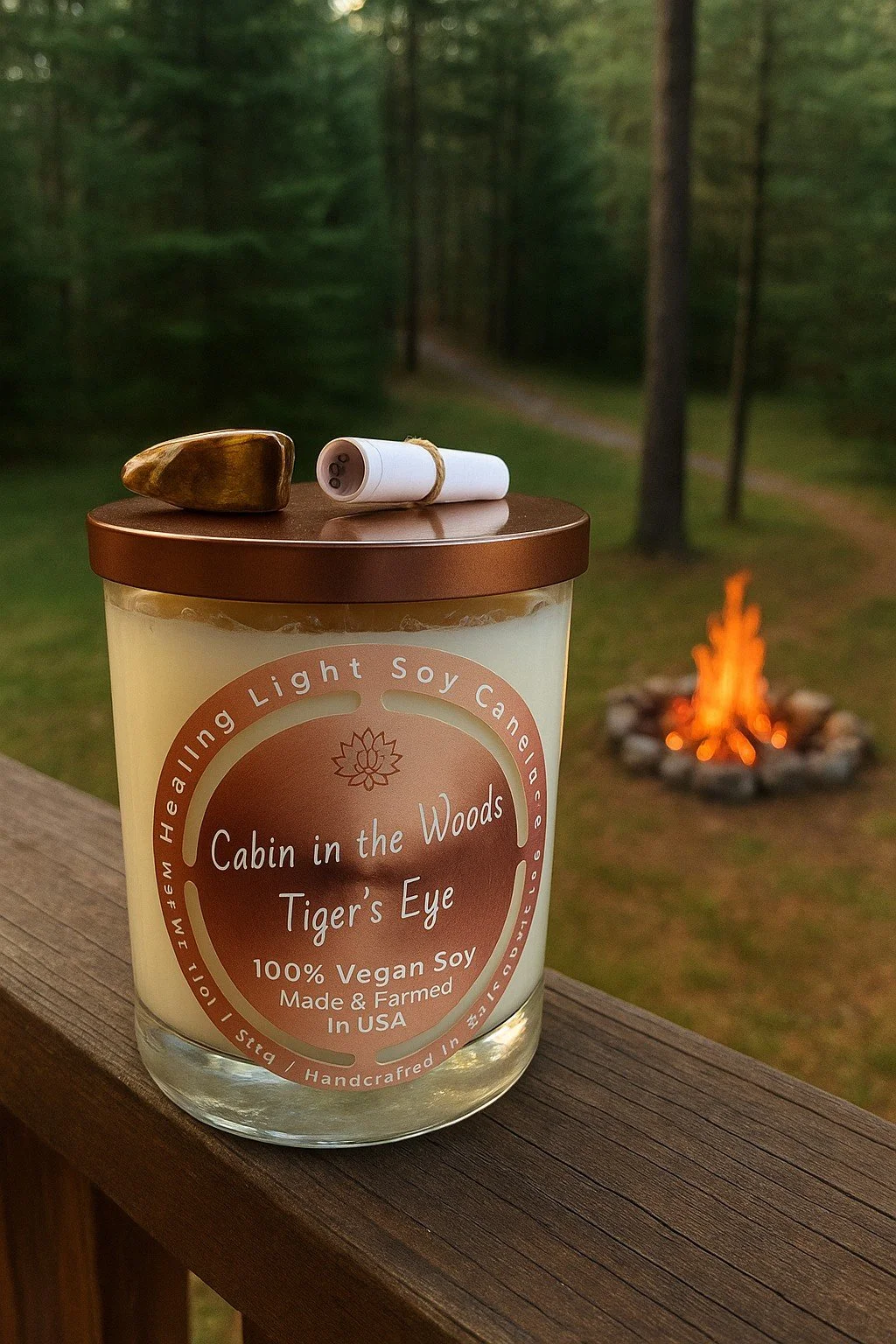 Cabin in the woods 11oz on a cabin railing near a fire and pine woods.jpg