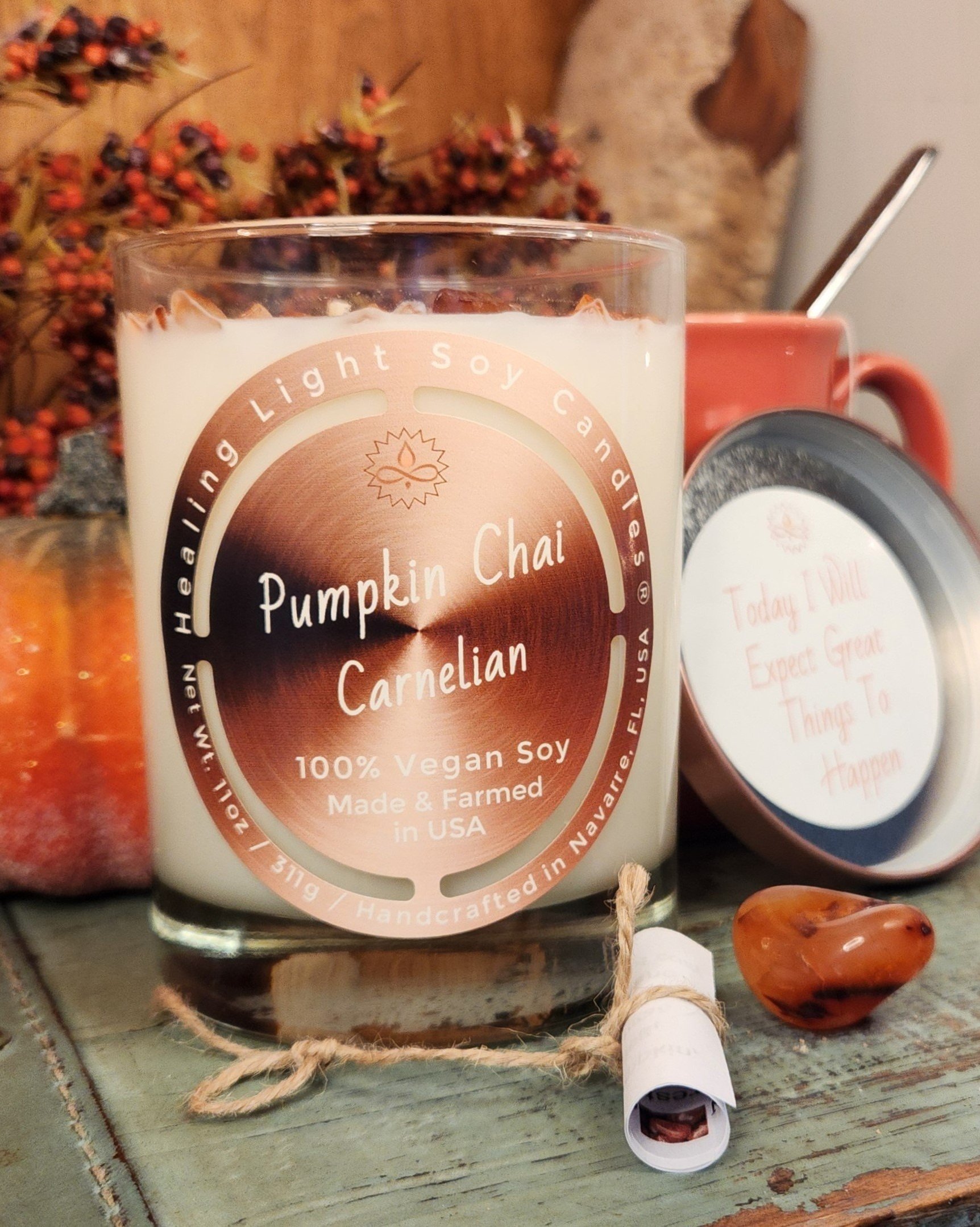 pumpkin chai clean burning ecofriendly nontoxic Healing Light Soy Candles gemstones positive quote aromatherapy scrolls