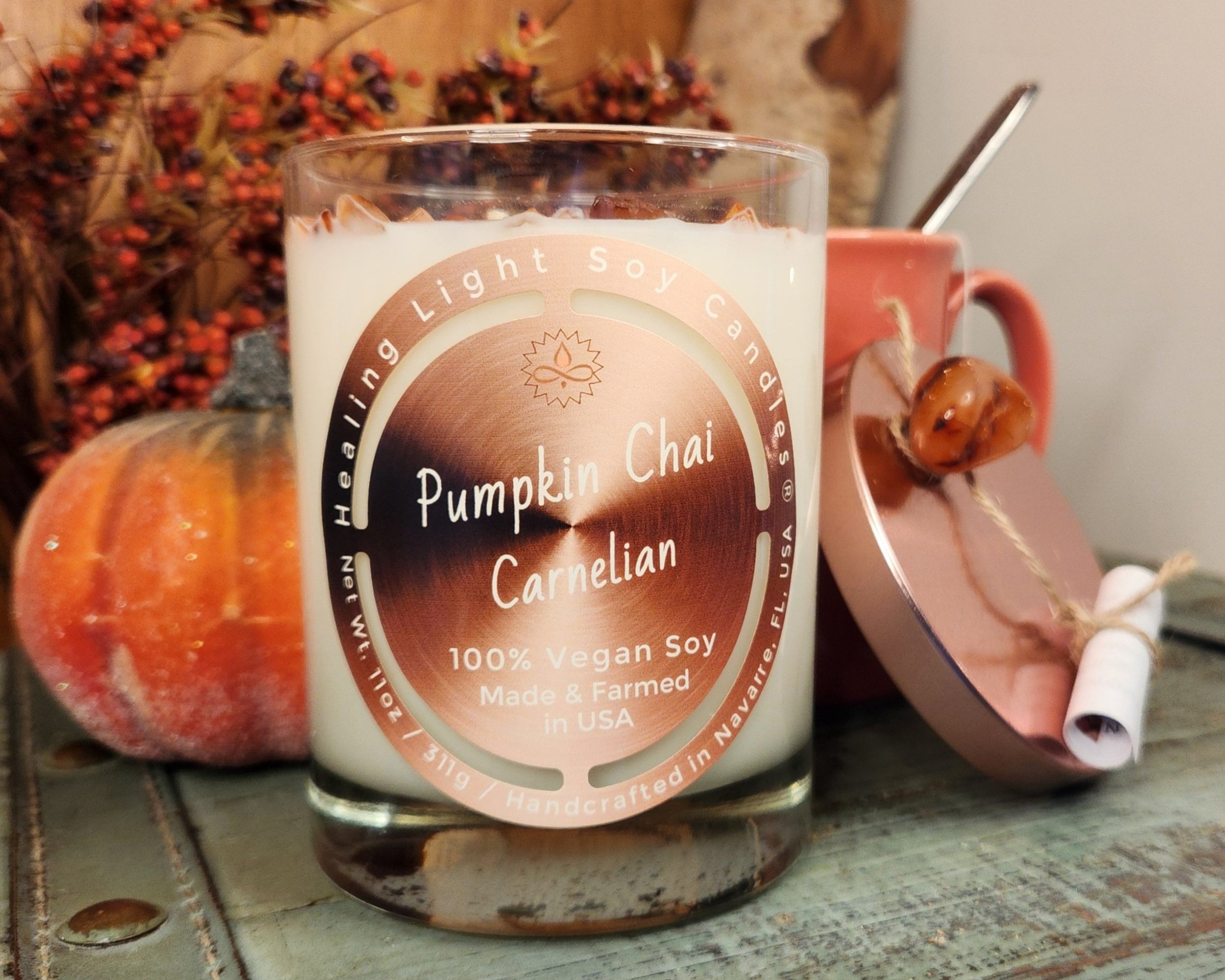 pumpkin chai clean burning ecofriendly nontoxic Healing Light Soy Candles gemstones positive quote aromatherapy scrolls