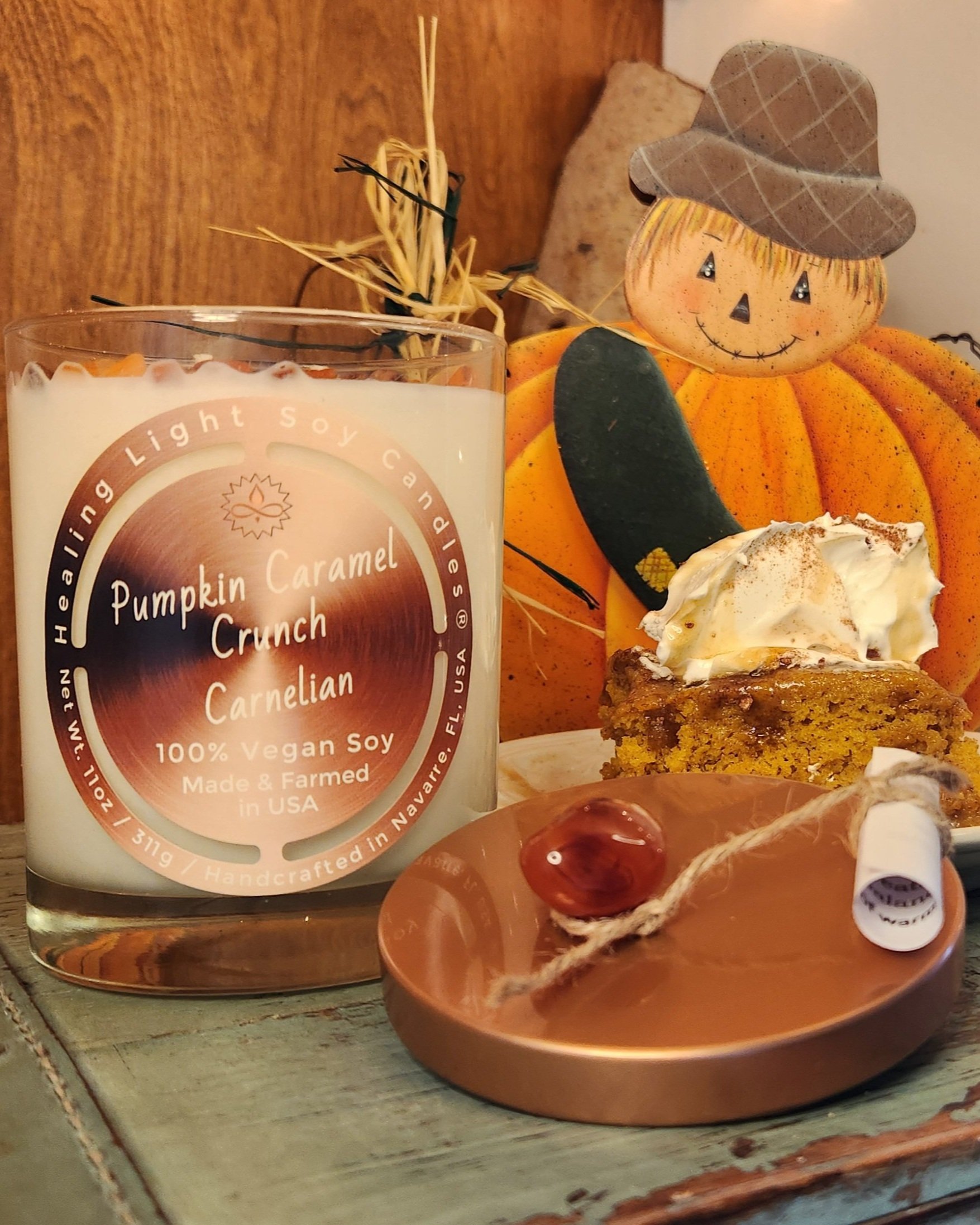 pumpkin caramel crunch clean burn ecofriendly nontoxic Healing Light Soy Candles gemstones positive quote aromatherapy scrolls