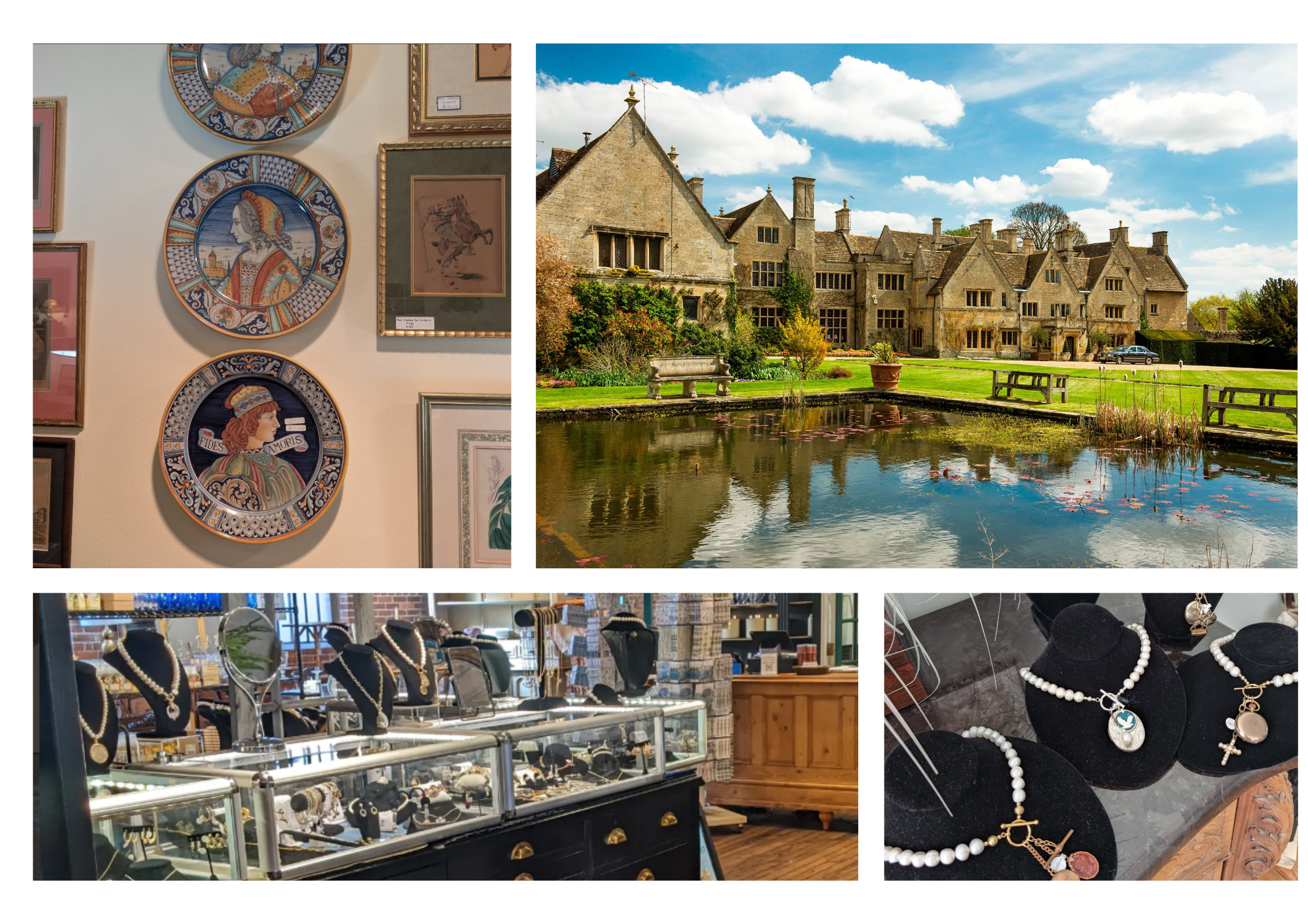 A collage of four images: interior of an art gallery with decorative plates and framed artwork, exterior of a historic stone mansion with a pond and landscaped garden, display of jewelry including necklaces and rings in a store, and close-up of jewelry necklaces on black display busts.