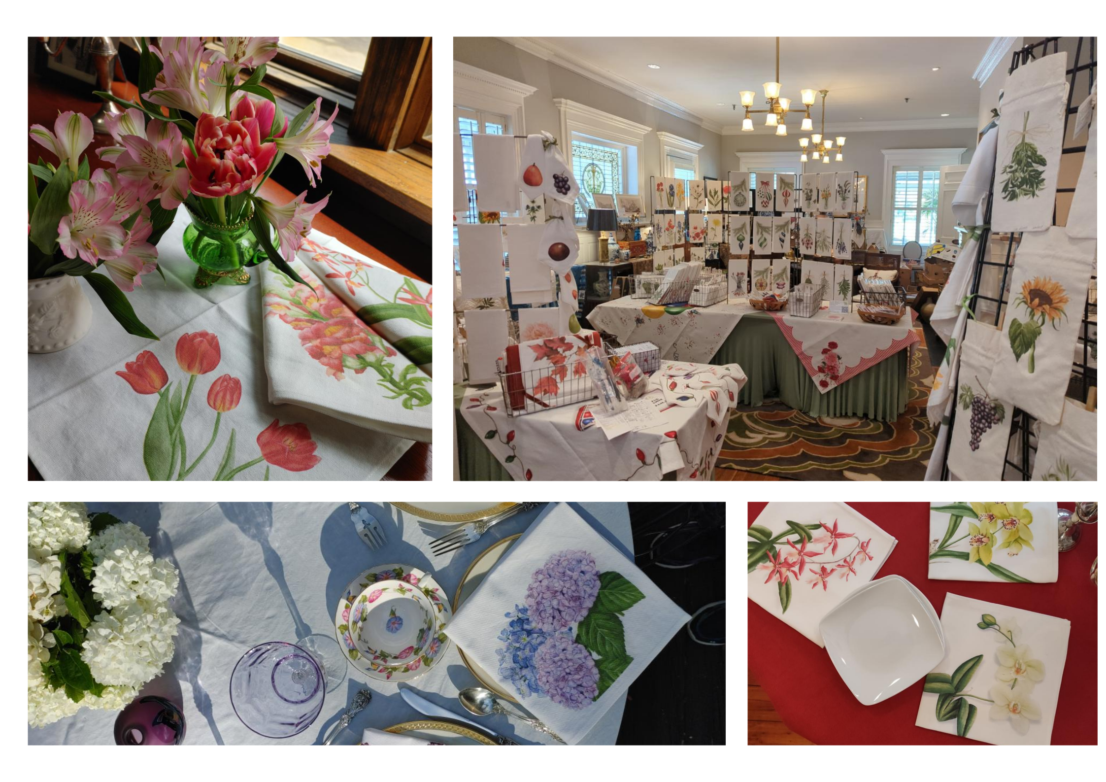 Display of floral-themed textiles, ceramics, and decor at a botanical art event or sale, including hand-printed linens, watercolor flower paintings, and floral-patterned tableware.