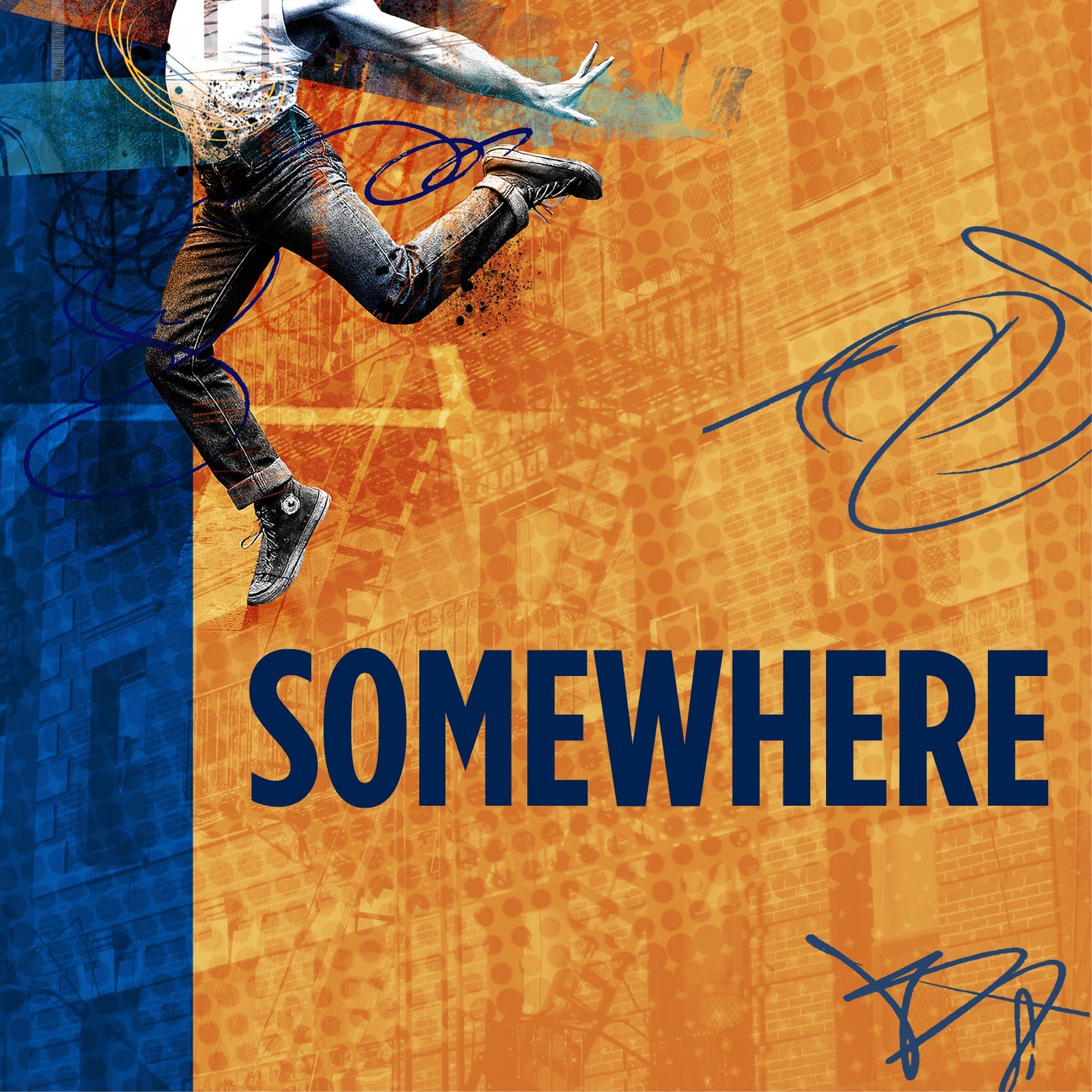 A person jumping in mid-air with graffiti and urban background, overlaid with the word "Somewhere" in large text.