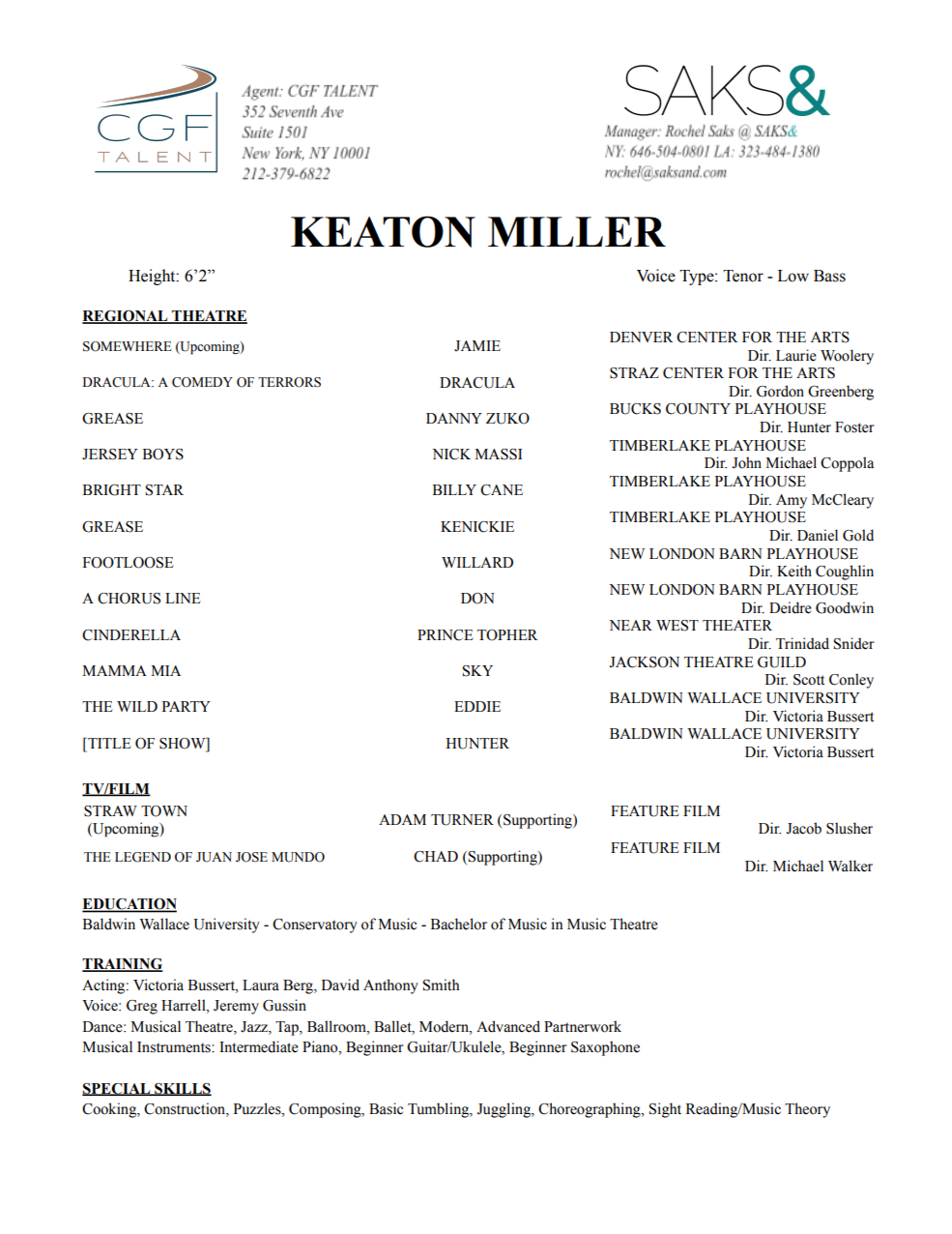 A résumé for Keaton Miller, a performer, showcasing personal details, regional theatre roles, TV/film projects, education, training, and special skills.