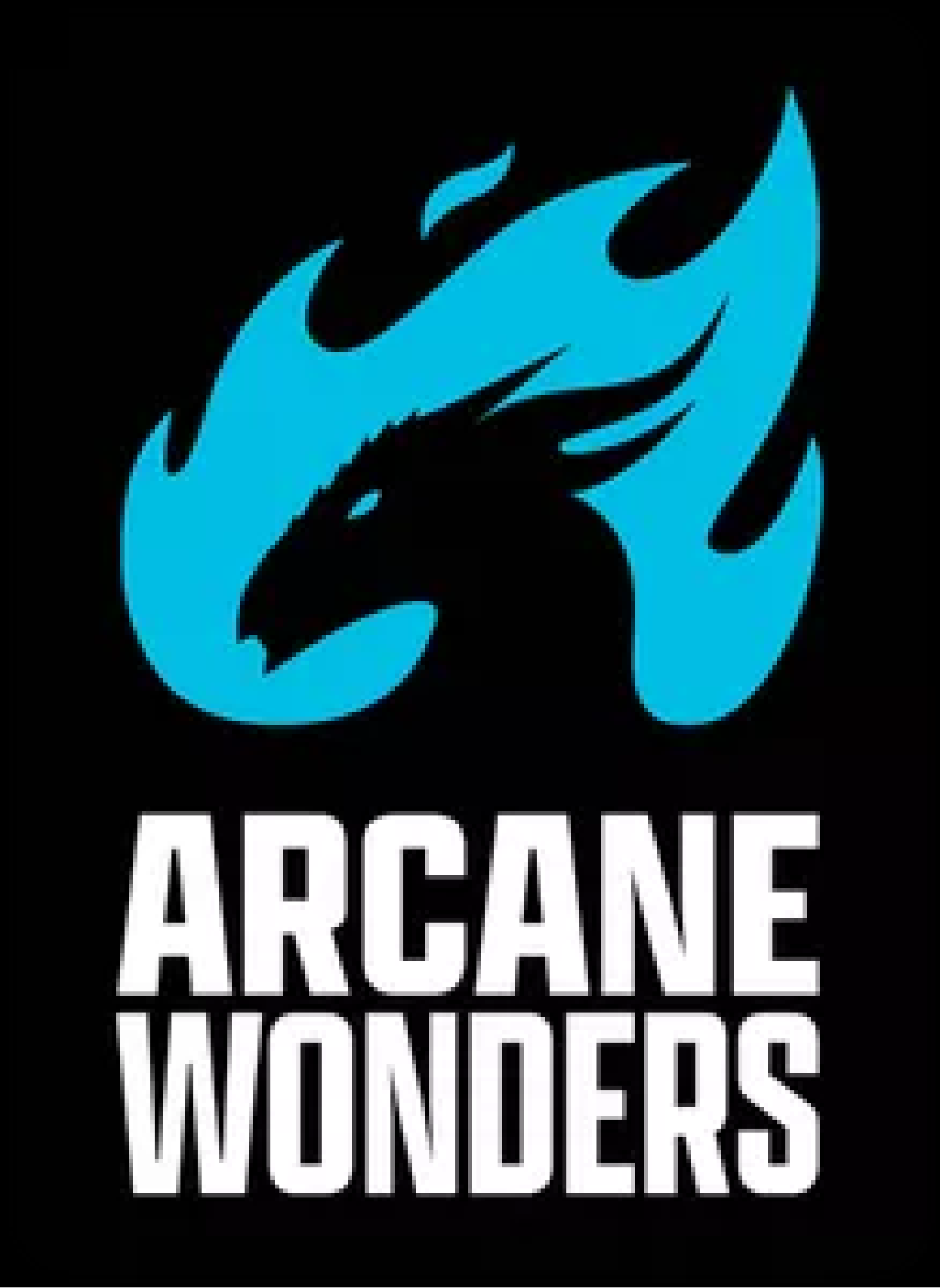 Arcane Wonders vertical logo: black background, white letters, dragon silhouette with blue flame
