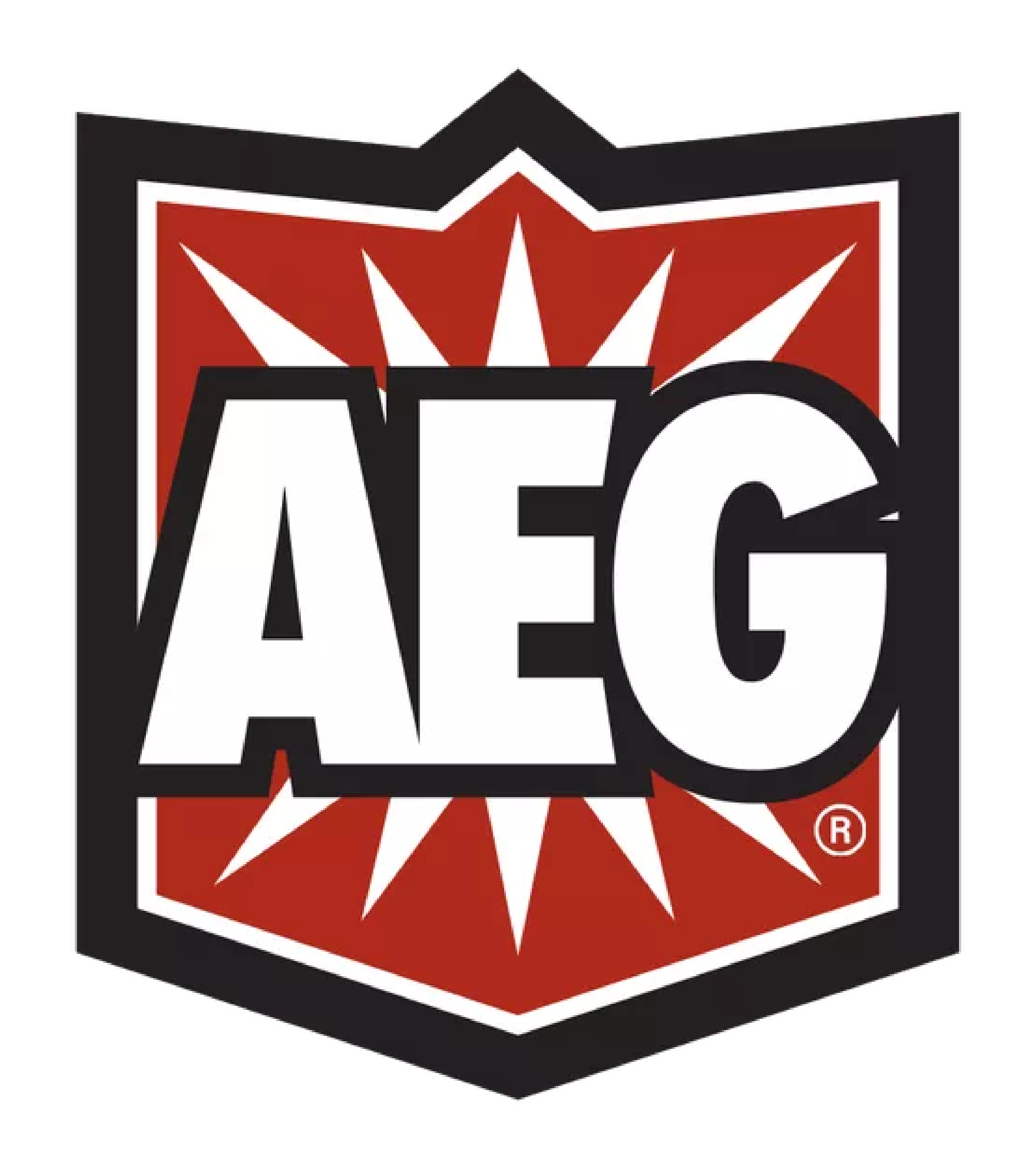 AEG Games logo: letters AEG with red shield behind and starburst