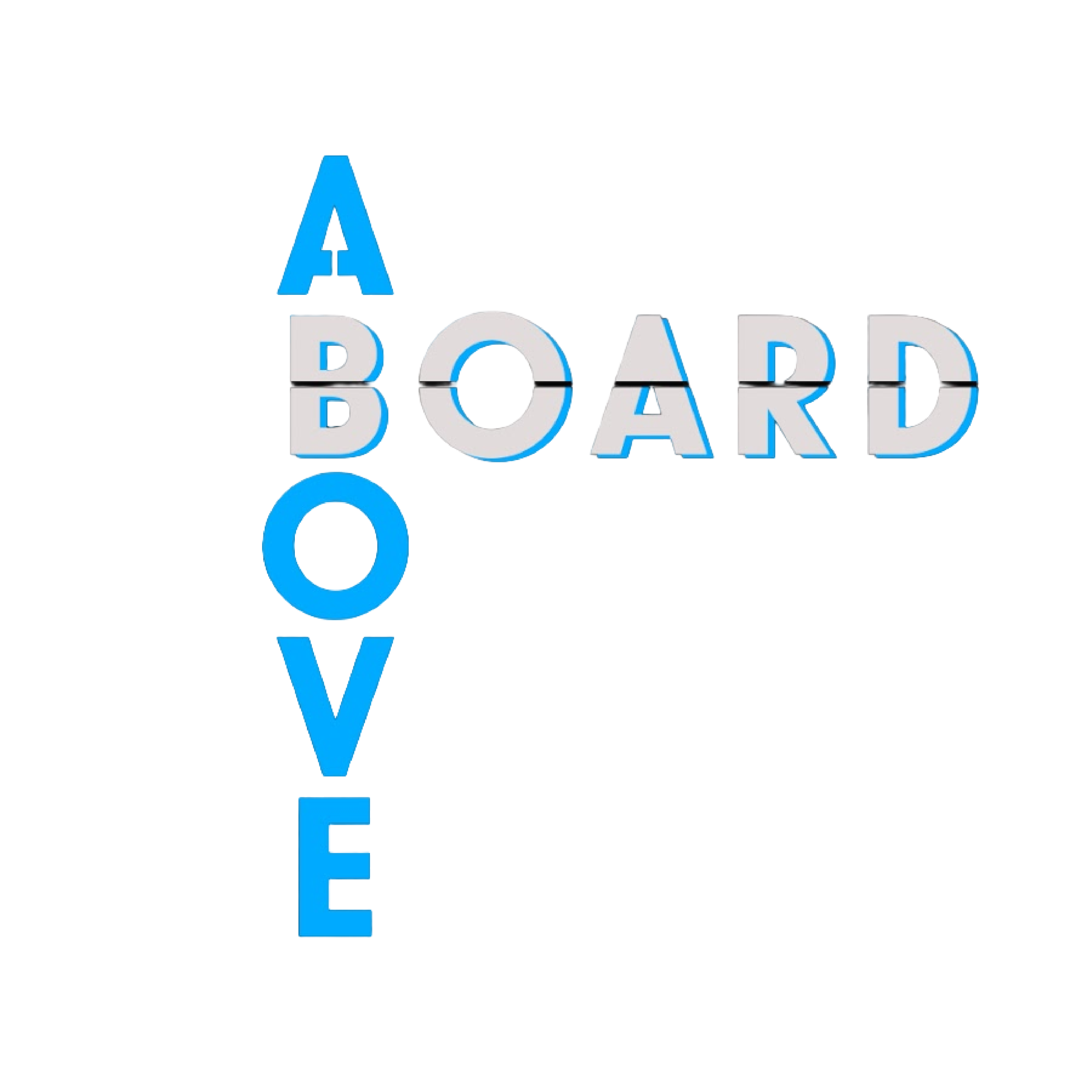 Above Board Games logo with "Above" in blue letters going vertical and "Board" in silver letters going horizontal.