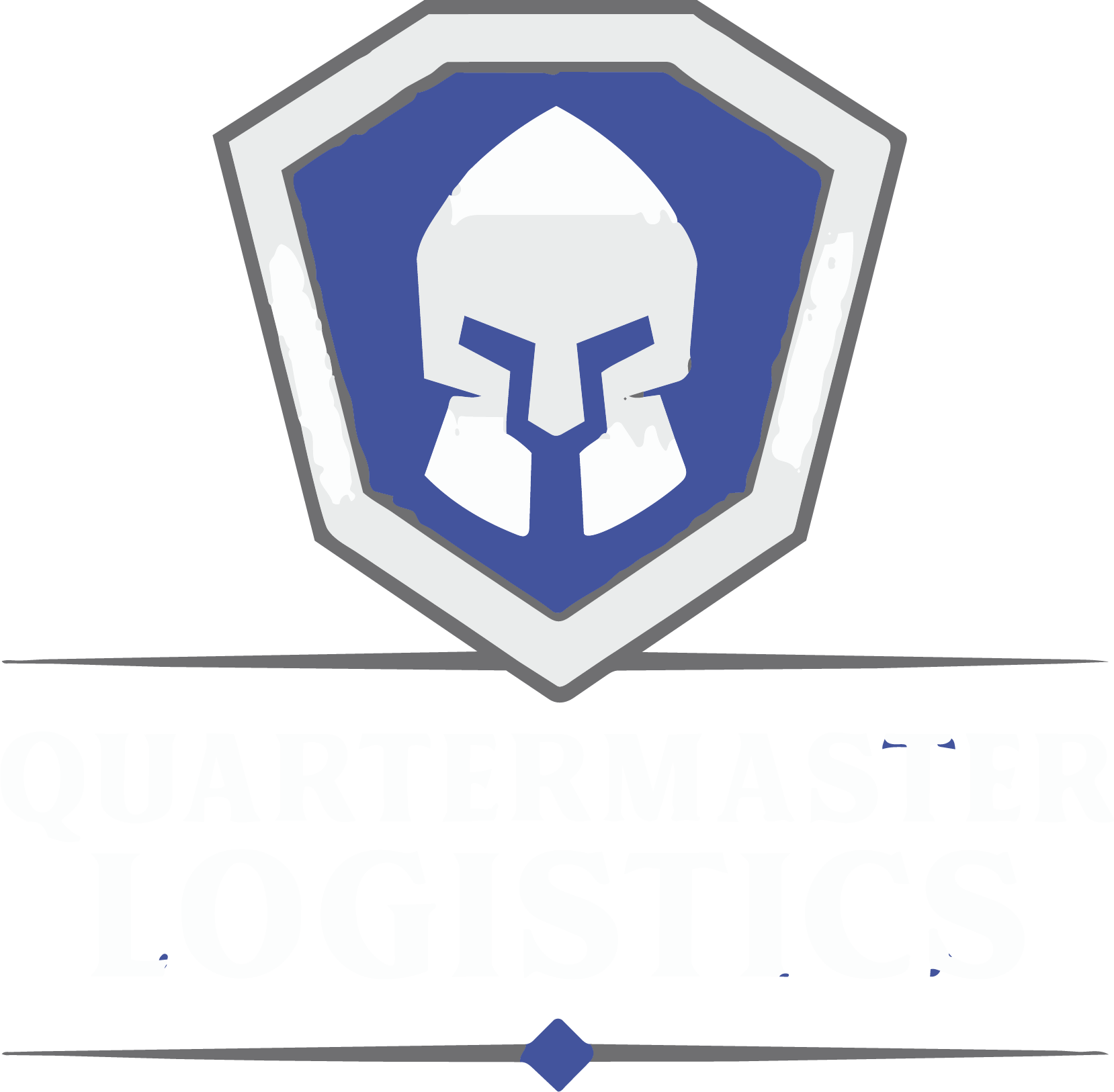 Quartermaster Logistics with Roman or Trojan helmet logo with shield background and blue gradients