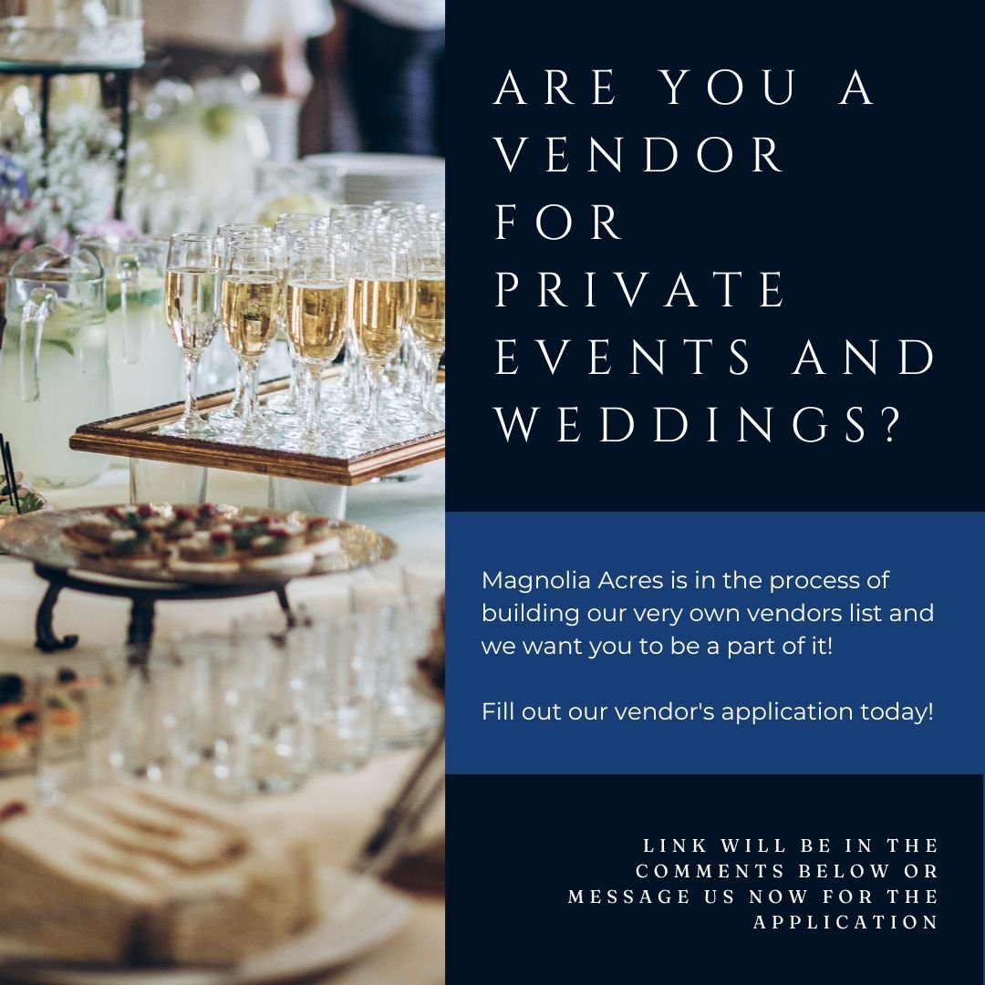 ✨ Calling All Local Event Vendors! ✨

Are you a talented artisan, maker, or service provider in the events industry?

We want you!

We are in the process of building our very own vendor list for our farm venue. This can span from private events to sm