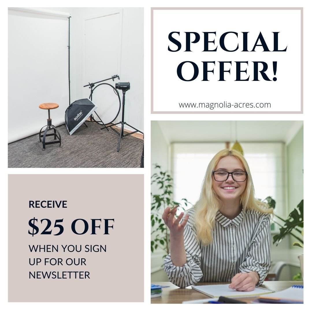 🎉✨ Exclusive Offer Alert! 💌💰 

Sign Up for Our Newsletter and Save $25 on Your Next Booking! 🌟📷

Ready to unlock savings and stay in the loop with all things Magnolia Acres? 🌿 Simply sign up for our newsletter today and enjoy $25 off your next 