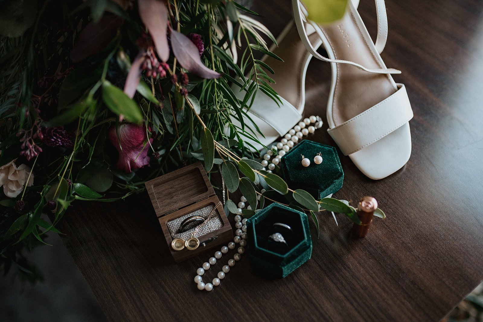 Flat lay Edmonton Wedding Emerald Green Photography