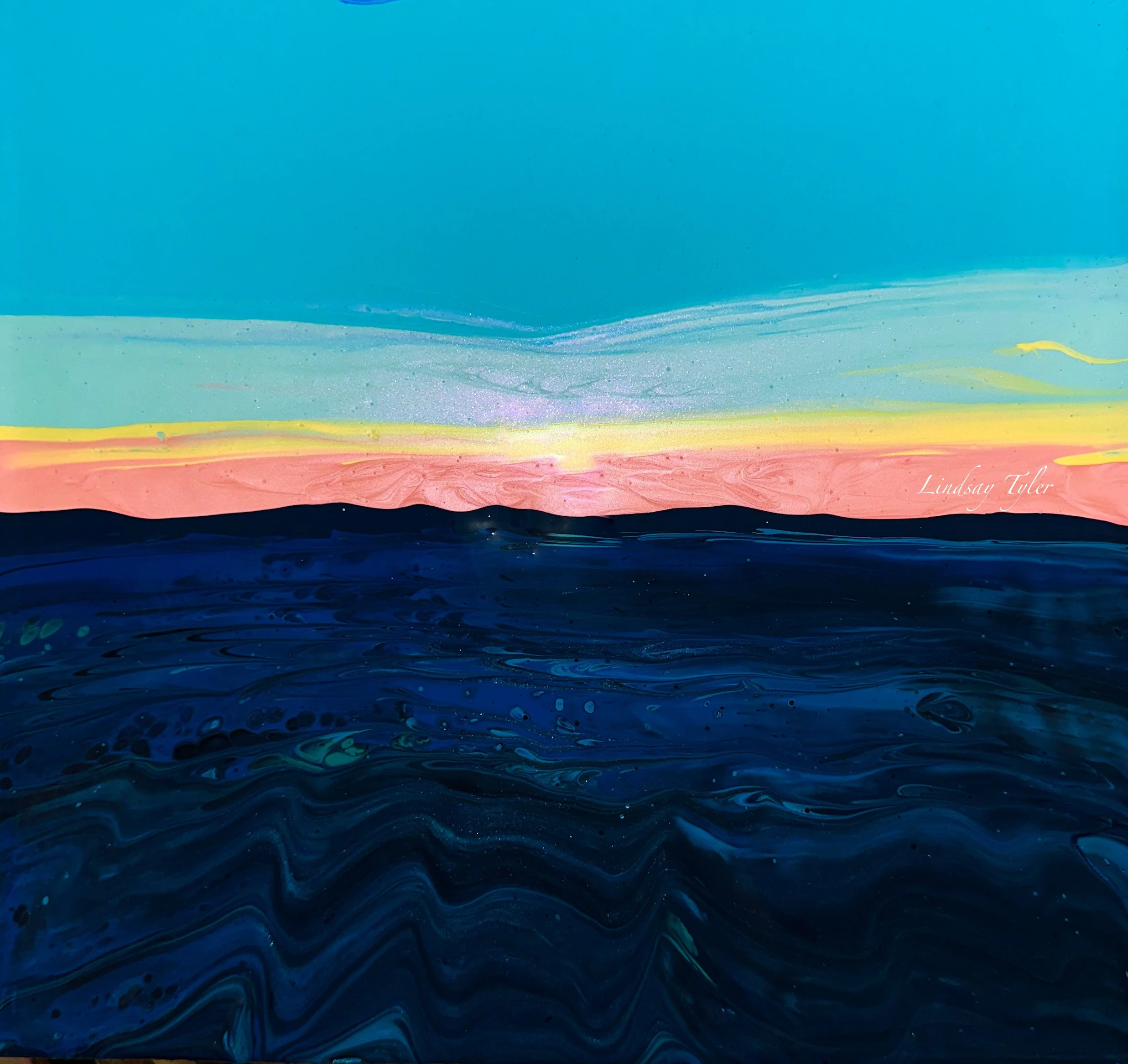 Abstract painting of a sunset over the ocean with a blue sky, light green and pink horizon, and dark blue water with swirling patterns.